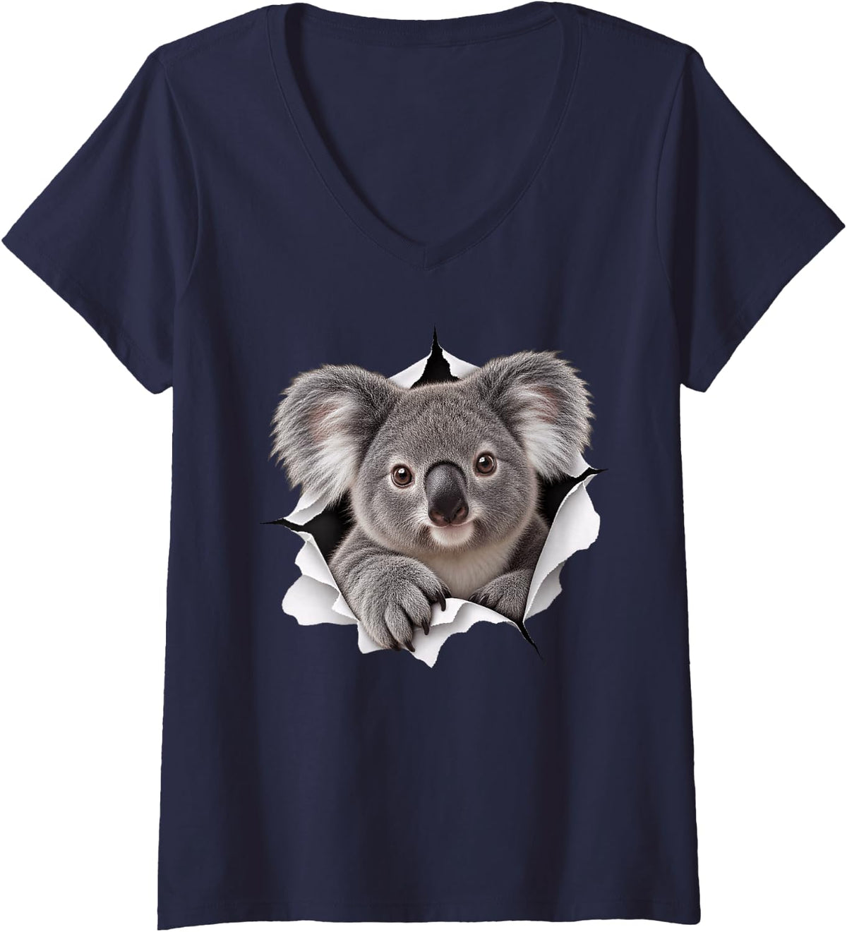 Women's Funny Koala Peeking Cute Zoo Animal Lover V-Neck T-Shirt - Navy Blue