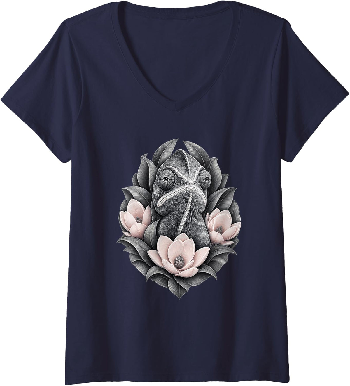 Women's Chameleon with Magnolia Flowers and Botanical Leaves V-Neck T-Shirt - Navy Blue