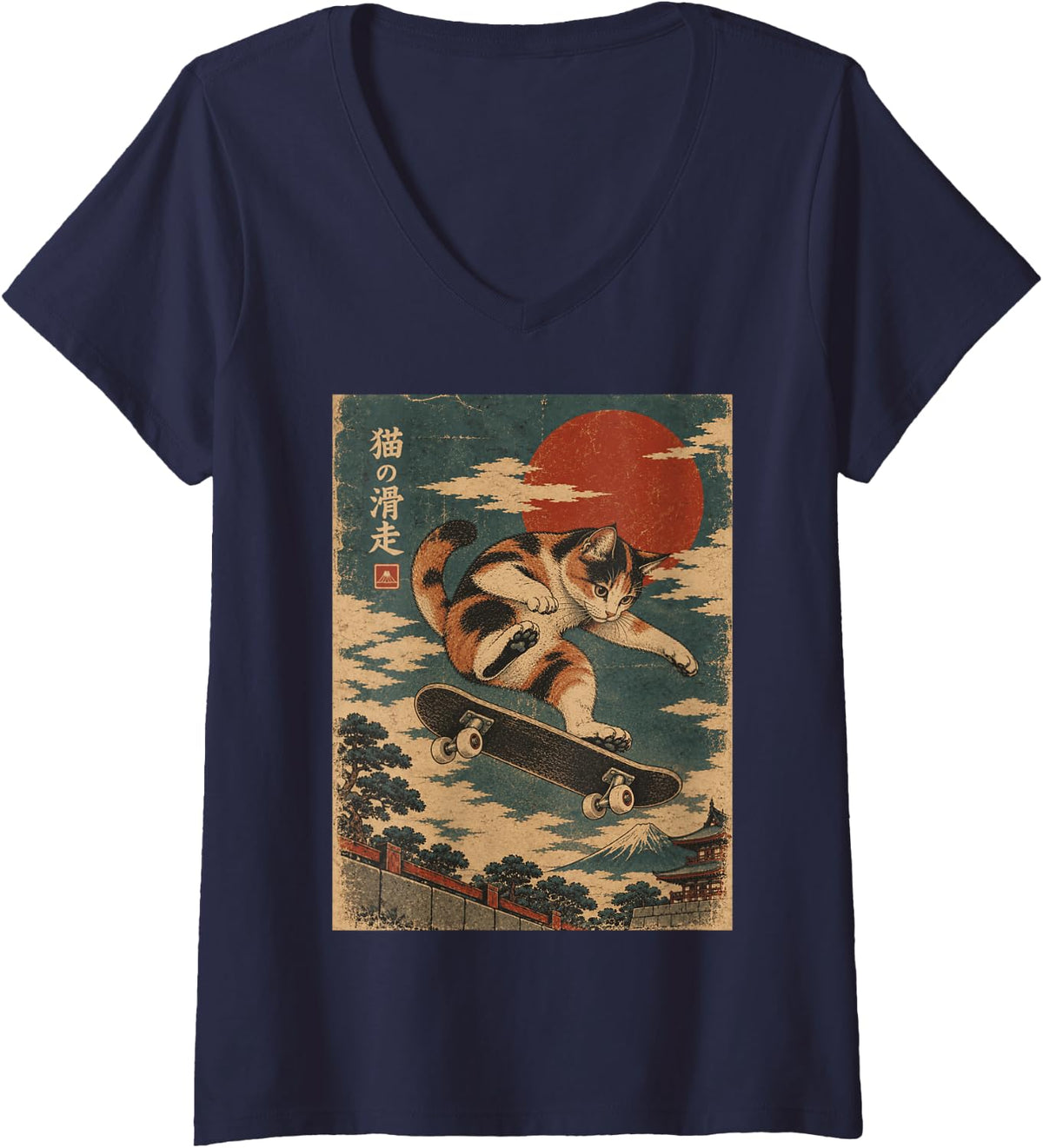 Women's Japanese Vintage Calico Cat Skateboarding Ukiyo-e Art V-Neck T-Shirt - Navy Blue