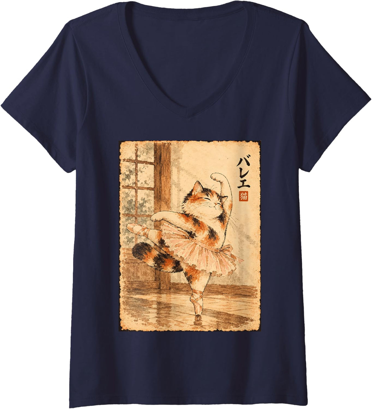 Women's Japanese Vintage Calico Cat Ballerina Ballet Dance Art V-Neck T-Shirt - Navy Blue