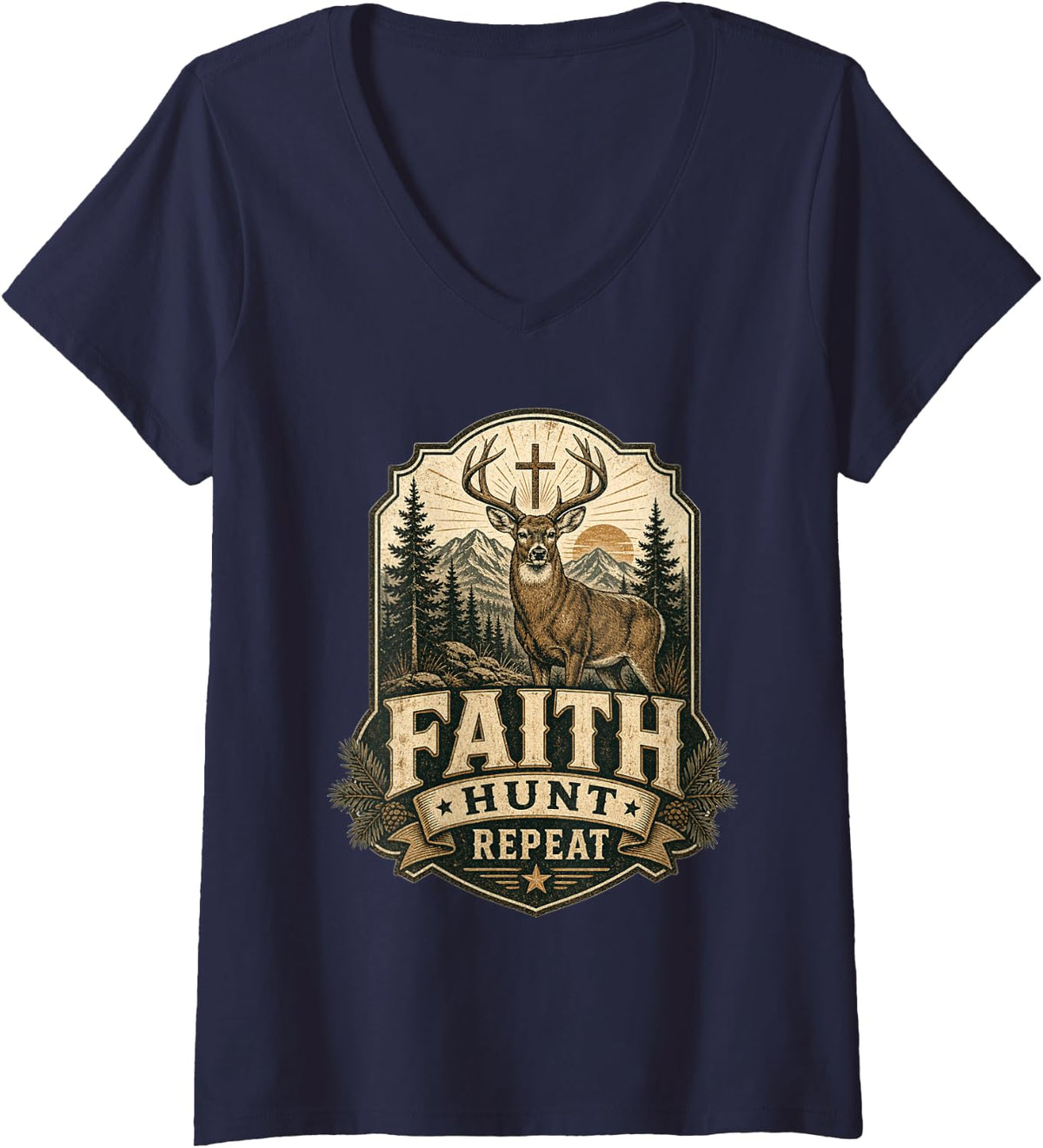Women's Faith Hunt Repeat Deer Hunting Cross Whitetail Buck V-Neck T-Shirt - Navy Blue