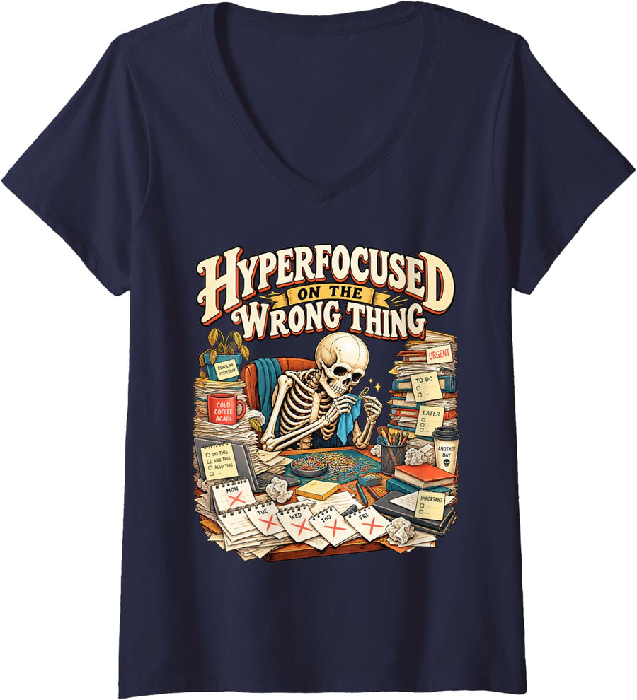 Women's Hyperfocused On The Wrong Thing Skeleton Neurodivergent Meme V-Neck T-Shirt - Navy Blue