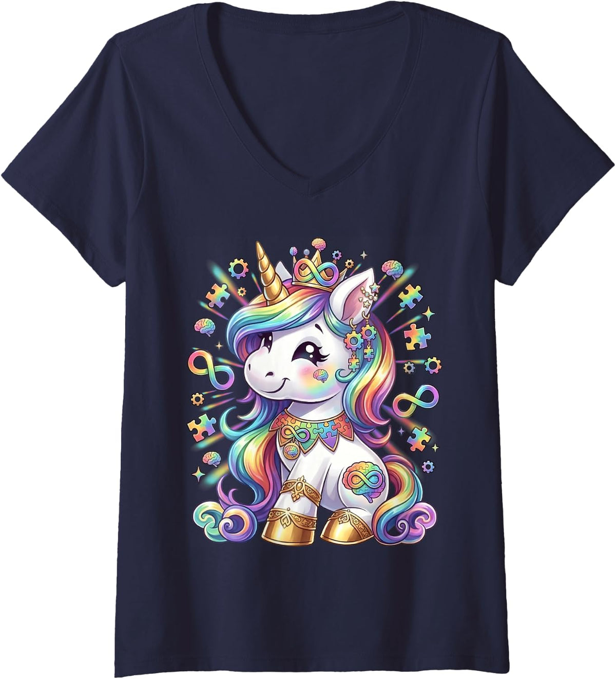 Women's Autism Awareness Toddler Girl Kids Cute Unicorn Puzzle Piece V-Neck T-Shirt - Navy Blue