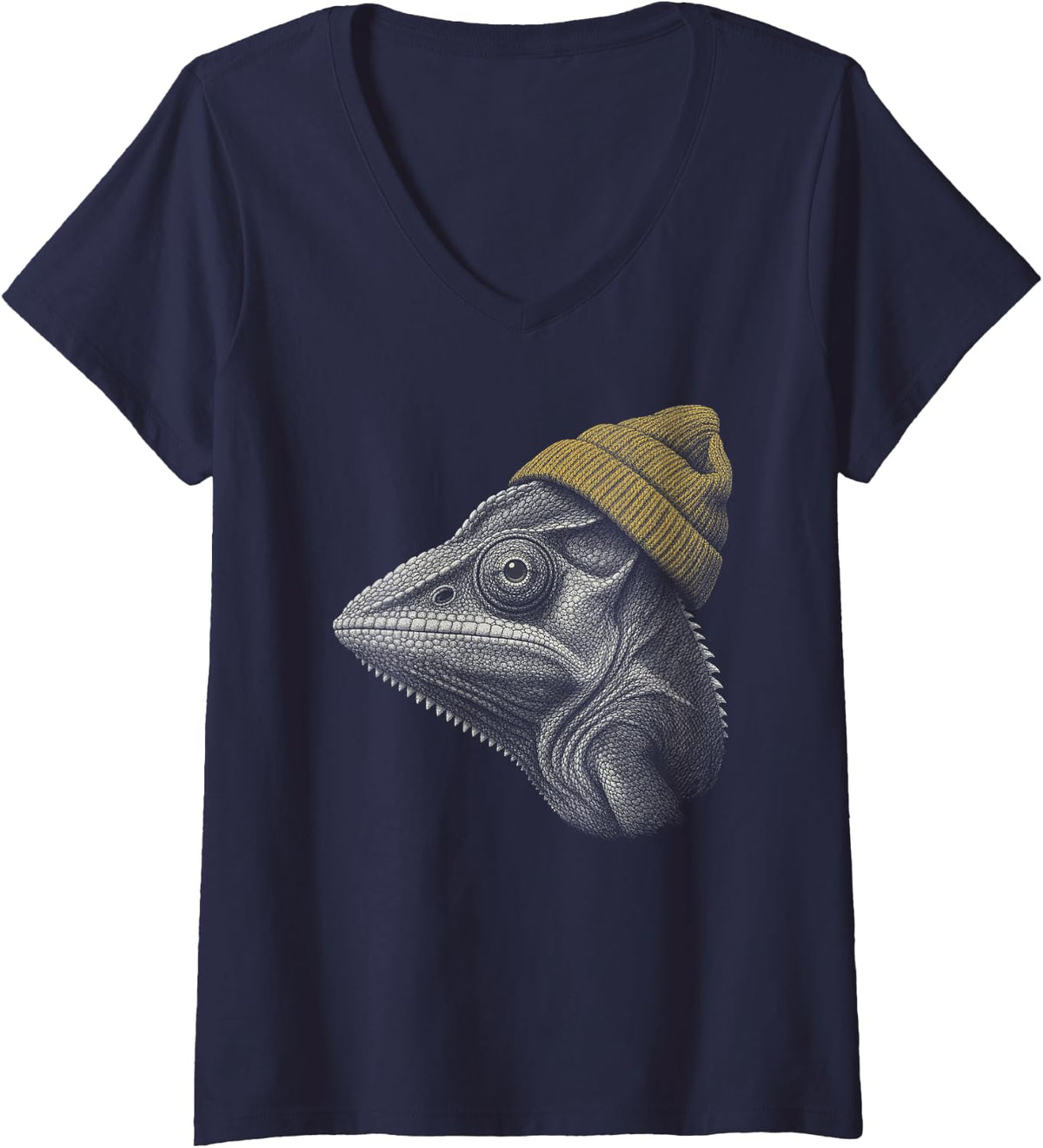Women's Chameleon Beanie Engraving V-Neck T-Shirt - Navy Blue