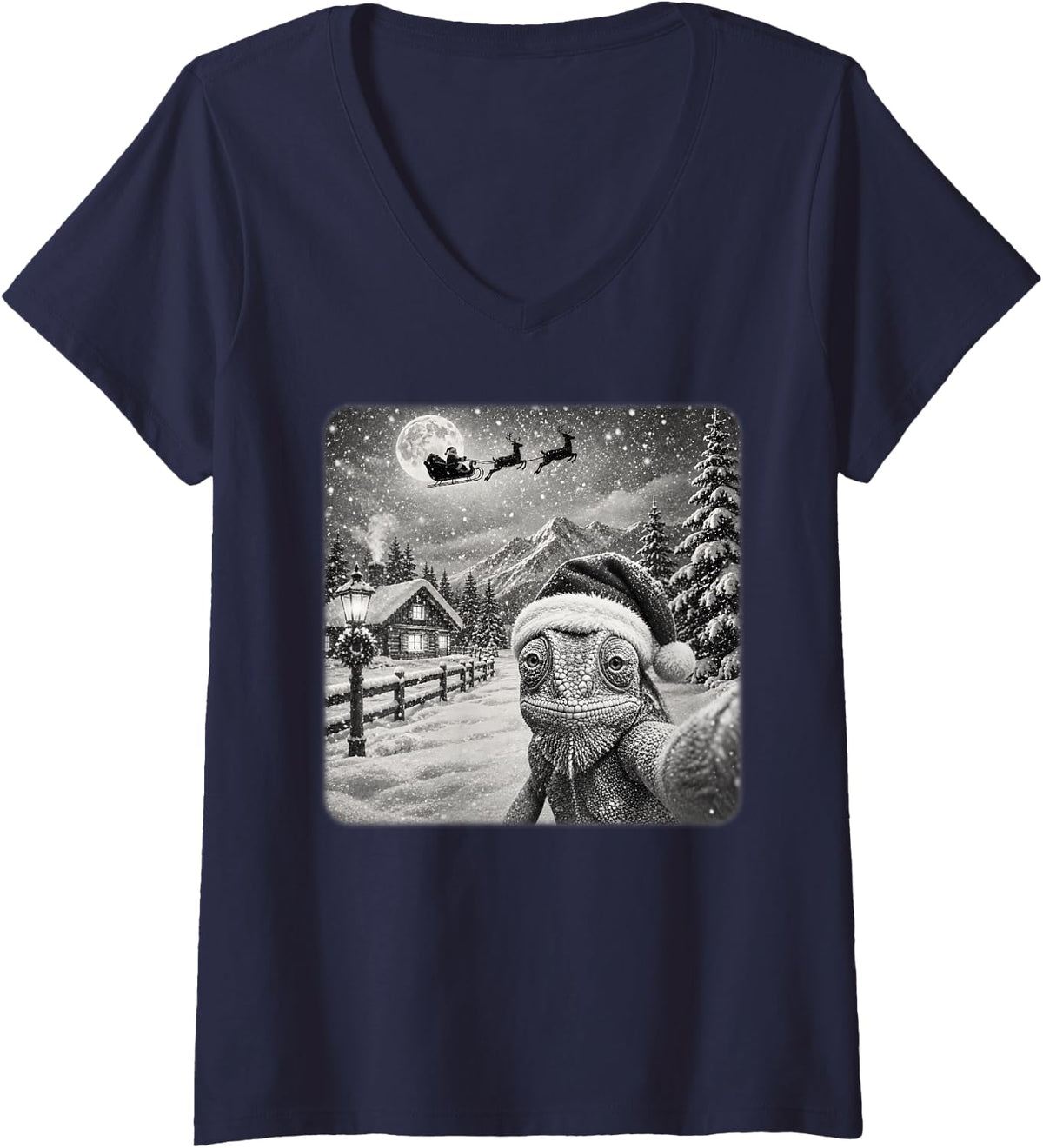 Women's Xmas Moon Night Starry Santa Sleigh Fun Chameleon Christmas V-Neck T-Shirt - Navy Blue