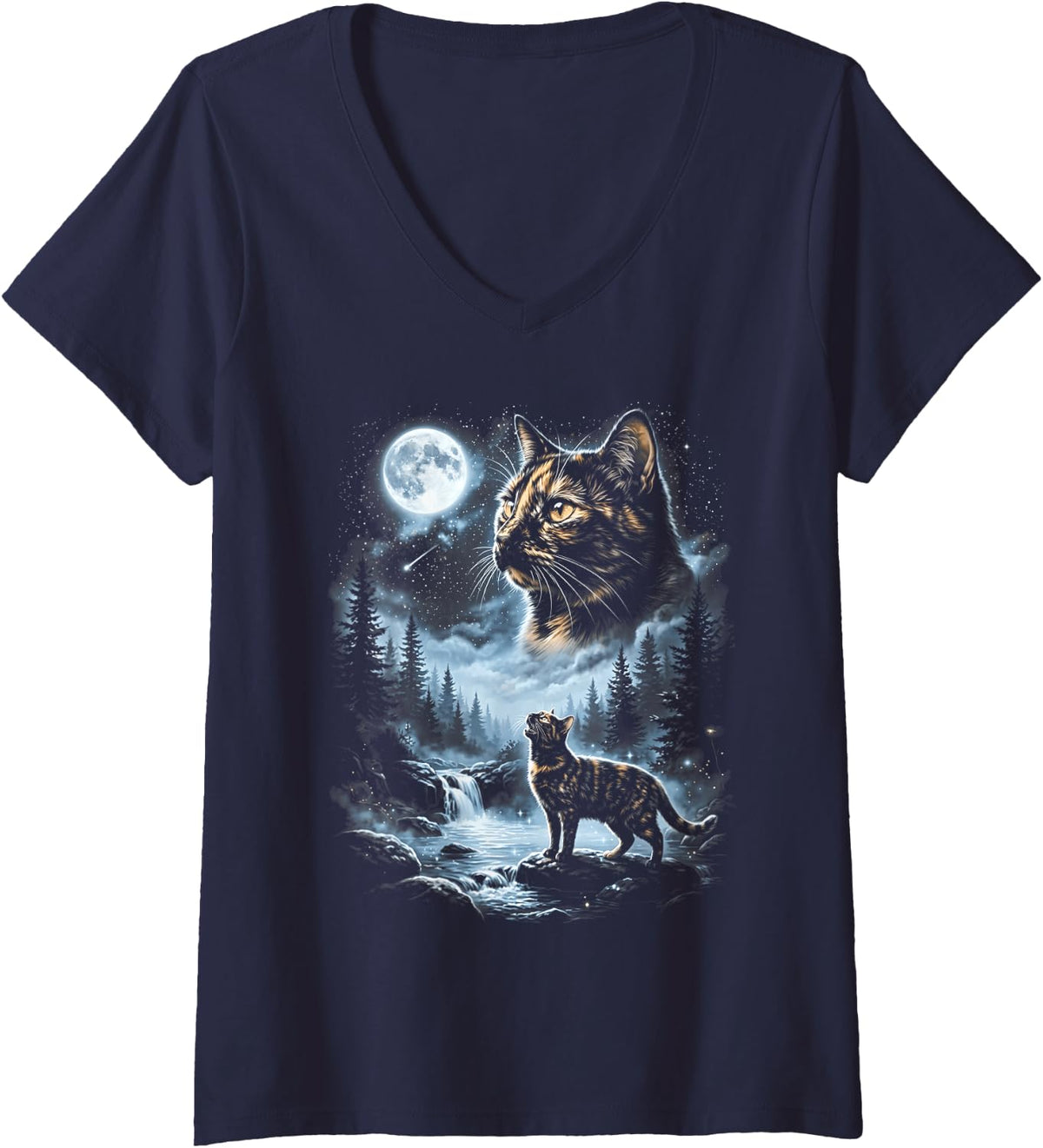 Women's Tortoiseshell Cat Howling at Moon 90's Retro V-Neck T-Shirt - Navy Blue