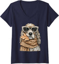 Women's Glam Cocker Spaniel with Sunglasses Boujee Dog Autumn V-Neck T-Shirt - Navy Blue