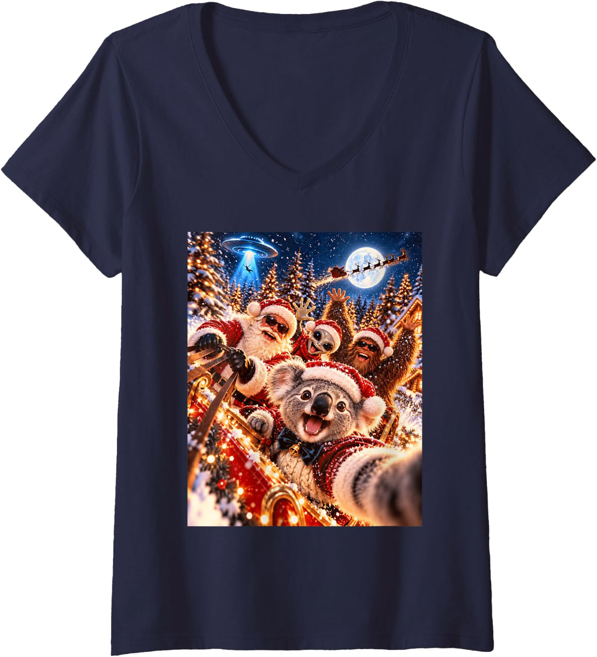 Women's Delighted Koala Santa Christmas Selfie UFO Graphic V-Neck T-Shirt - Navy Blue