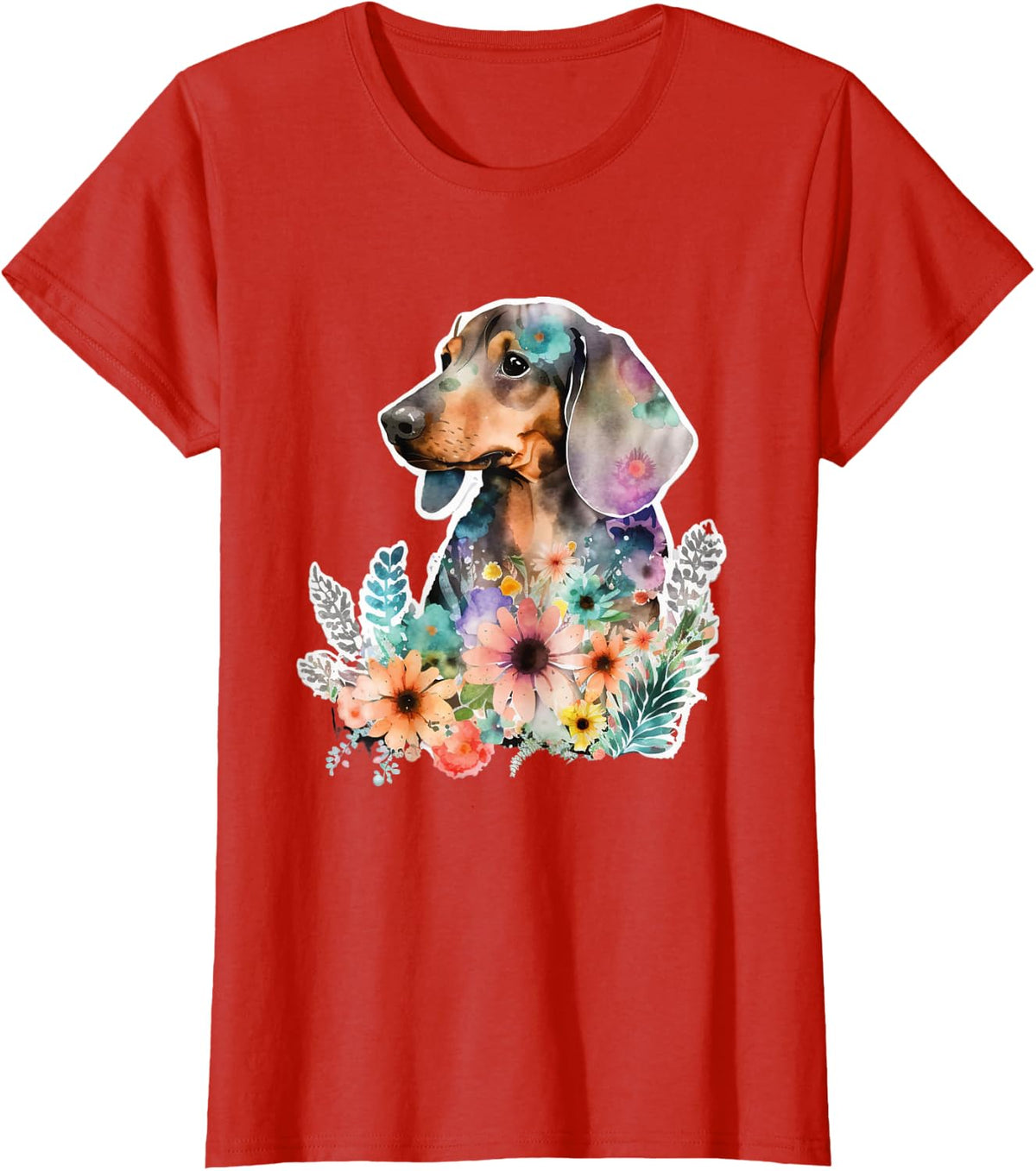 Floral Wildflower Wiener & Dachshund T-Shirt - Red