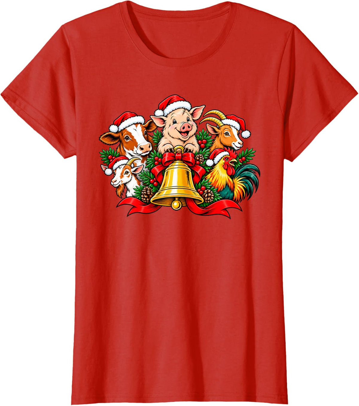 Christmas Farm Animals Barnyard Holiday Bell Art T-Shirt - Red