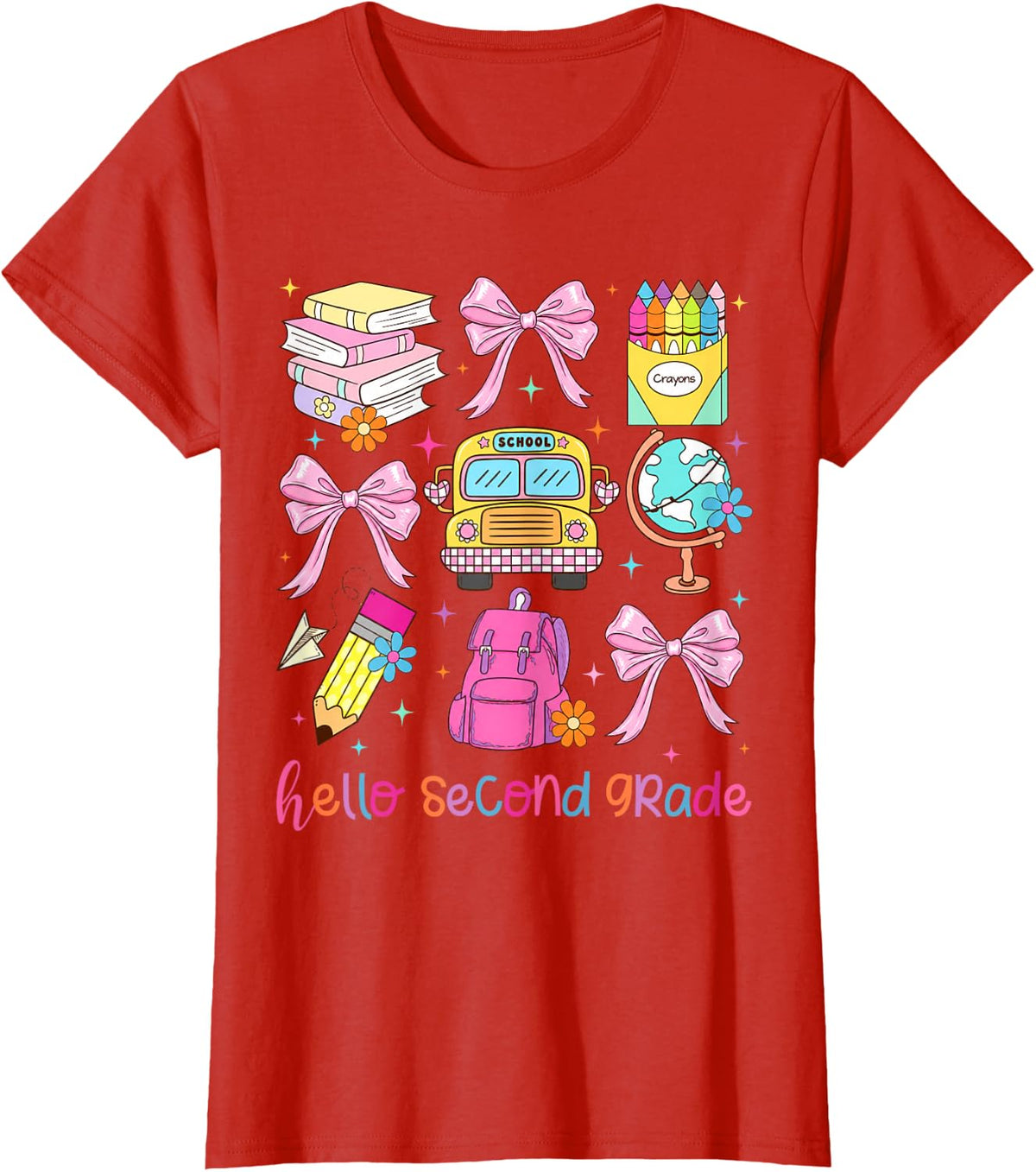 Hello Second Grade Pink Coquette Back to School Teacher Girl T-Shirt - Red