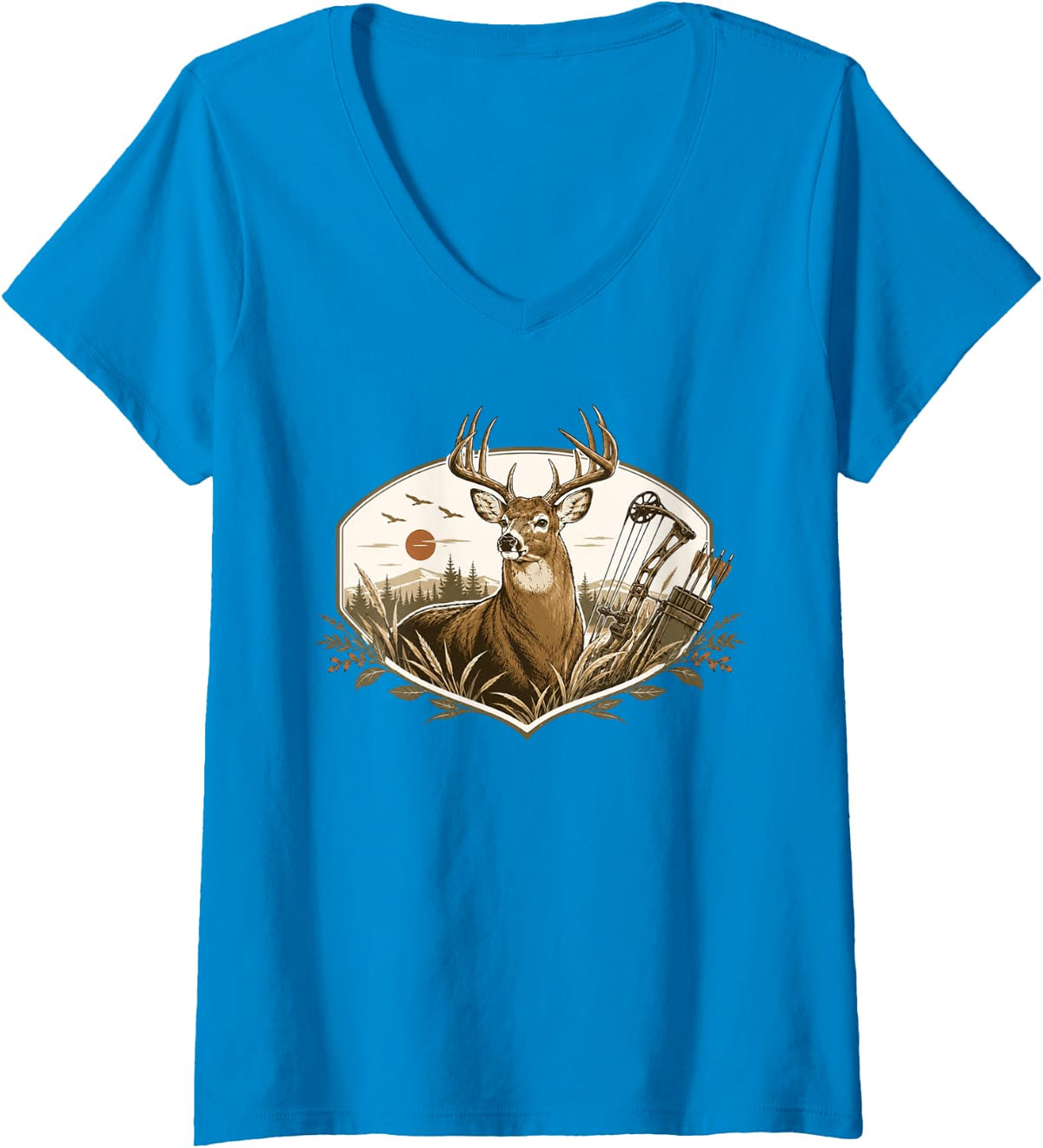Women's Buck Deer Bow Hunting Forest Sunset Hunter V-Neck T-Shirt - Sapphire Blue