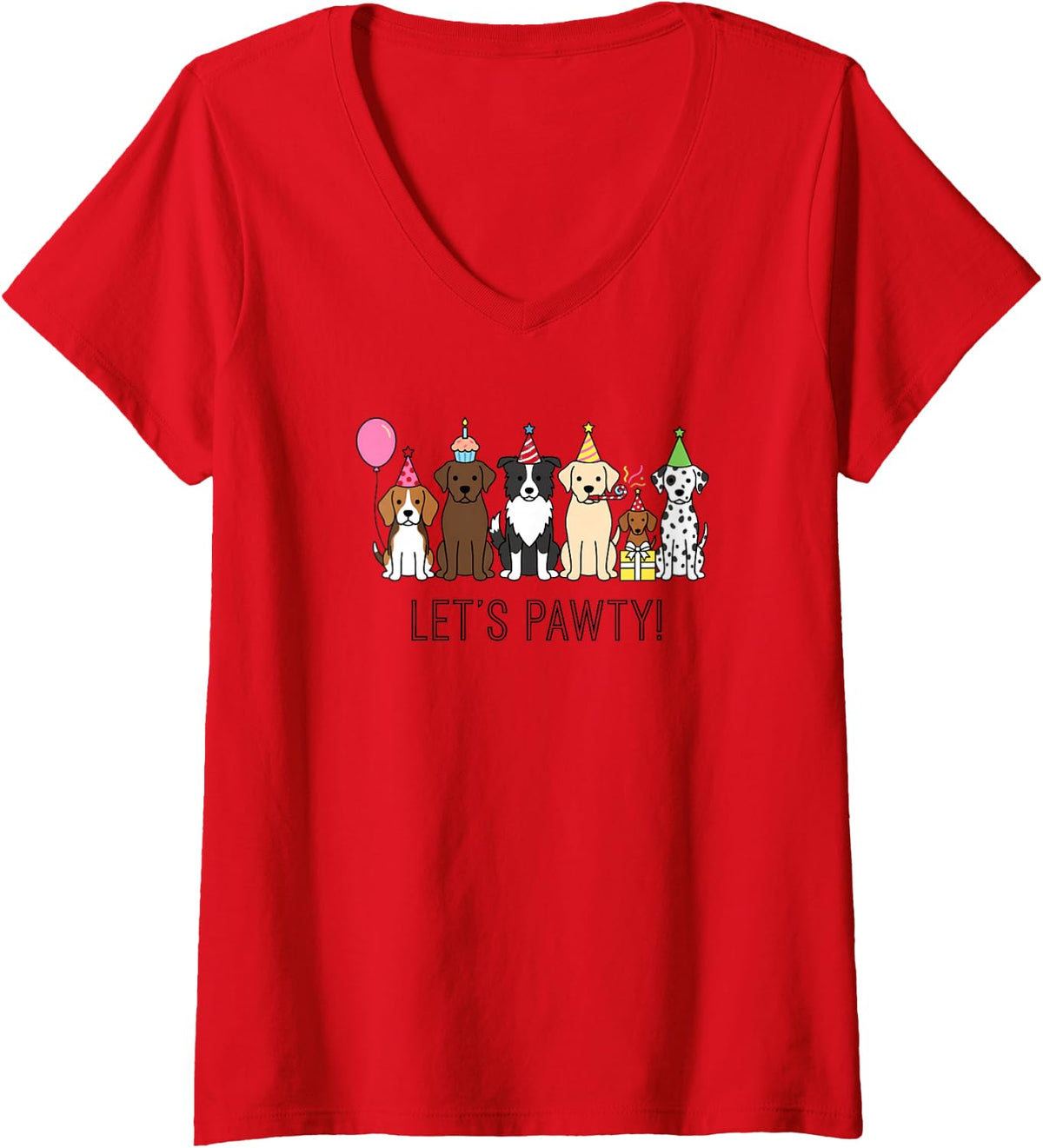 Women's Let's Pawty Cute Dogs Party Hats Canine Fun V-Neck T-Shirt - Red