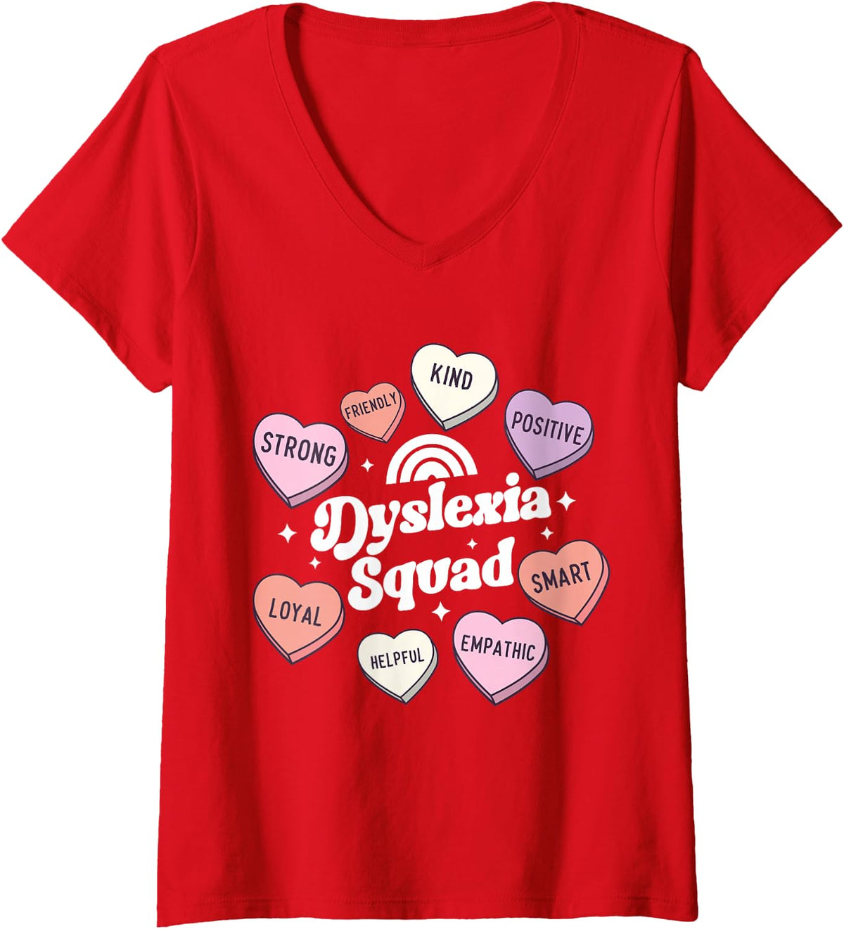 Women's Valentines Day Dyslexia Reading Teacher Groovy Hearts Squad V-Neck T-Shirt - Red