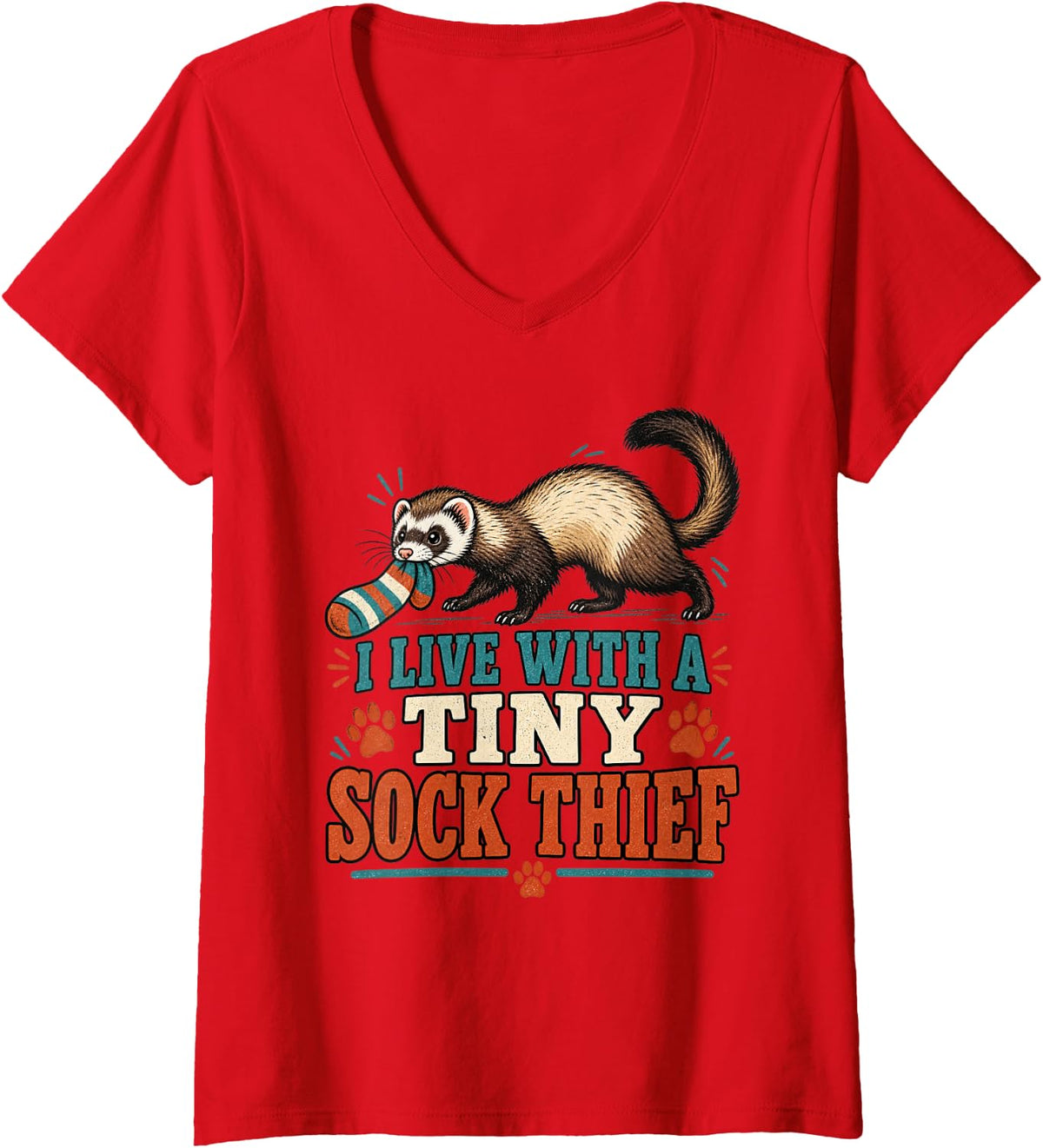 Women's Ferret I Live with A Tiny Sock Thief Funny Pet Owner V-Neck T-Shirt - Red