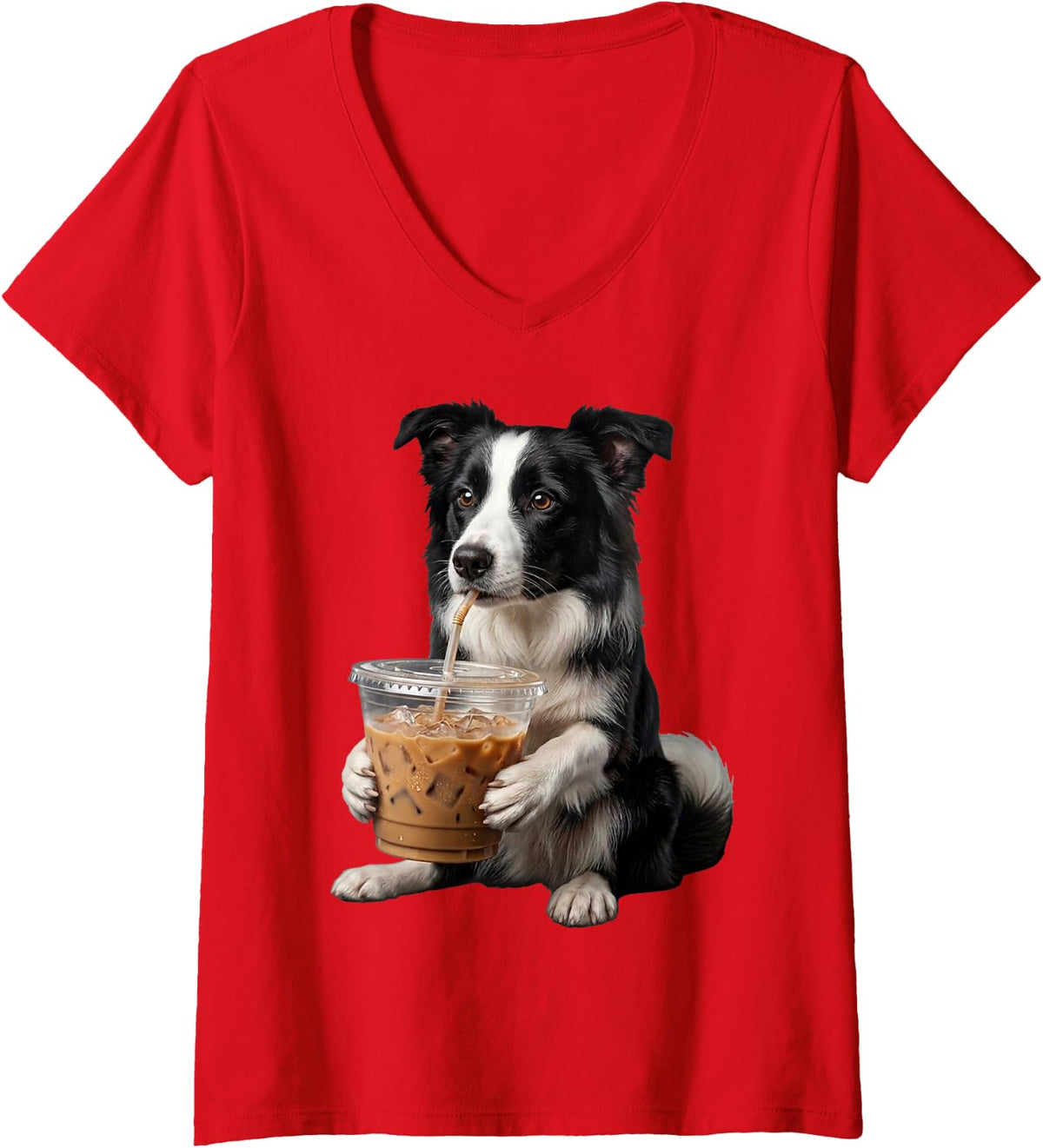 Women's Funny Cute Border Collie Drinking Iced Coffee Dog Design V-Neck T-Shirt - Red