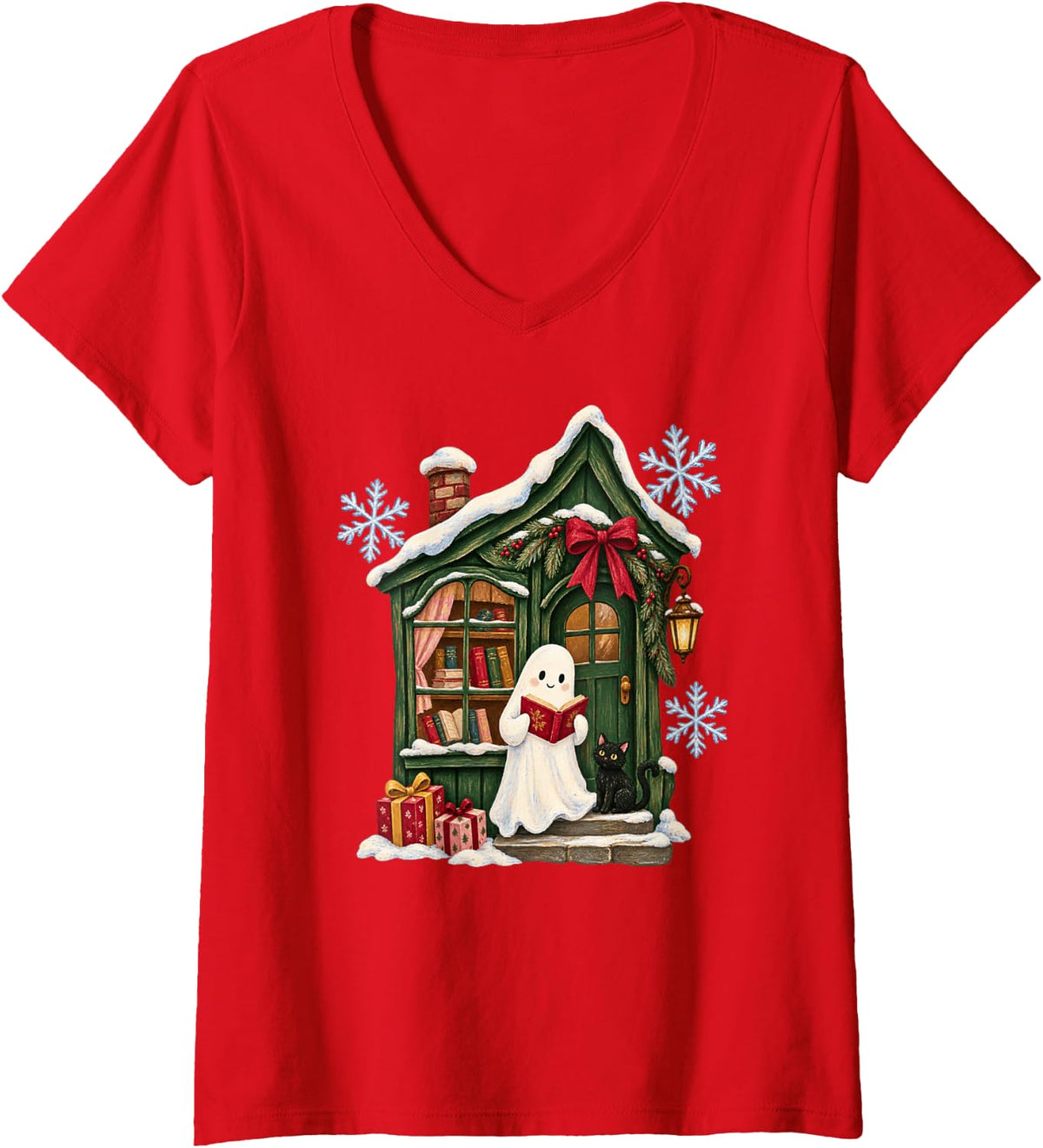 Women's Cute Ghost Reading Book Lover Fall Christmas V-Neck T-Shirt - Red