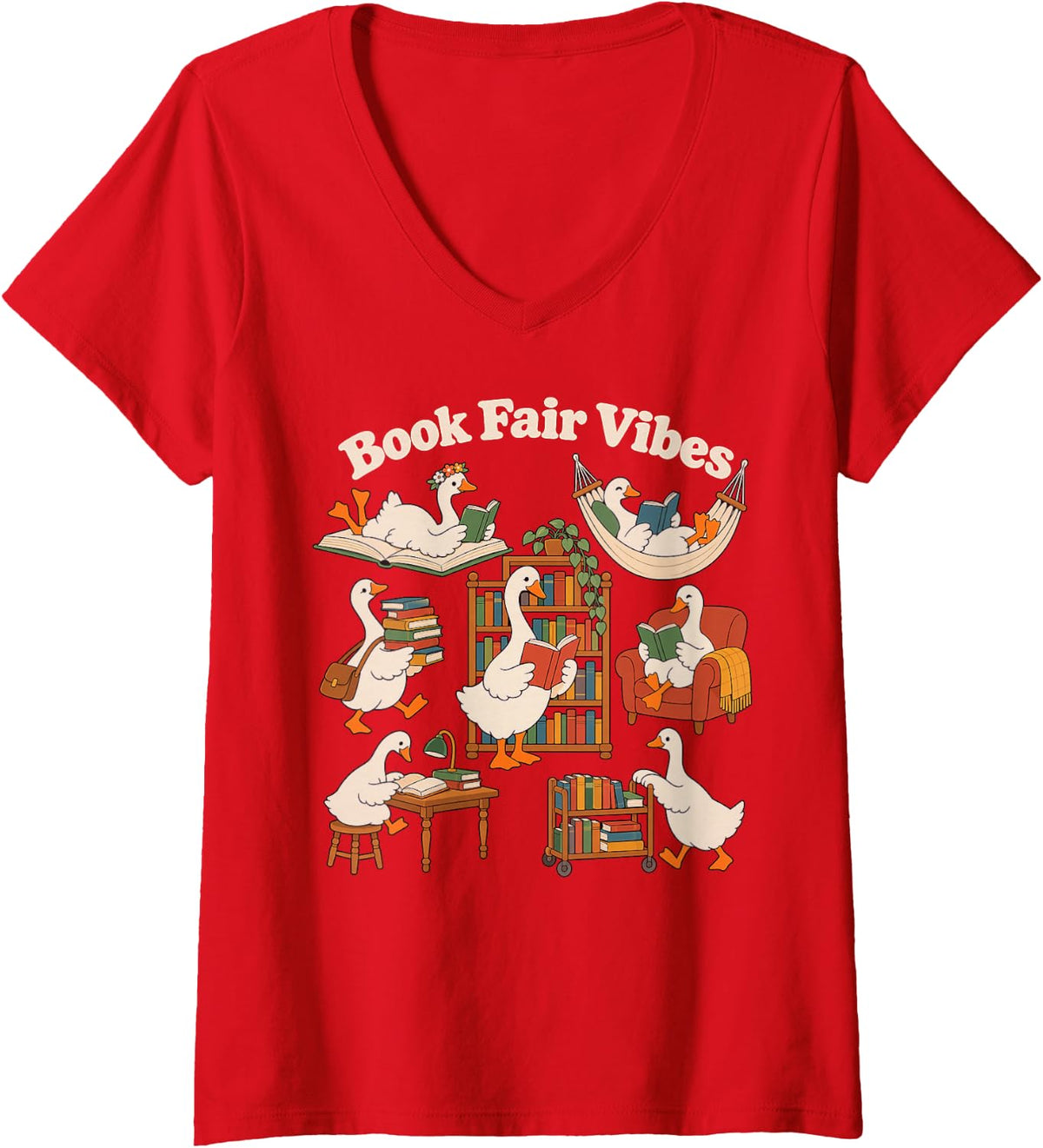 Women's Book Fair Vibes School Book Fair Teachers Librarians Reading V-Neck T-Shirt - Red