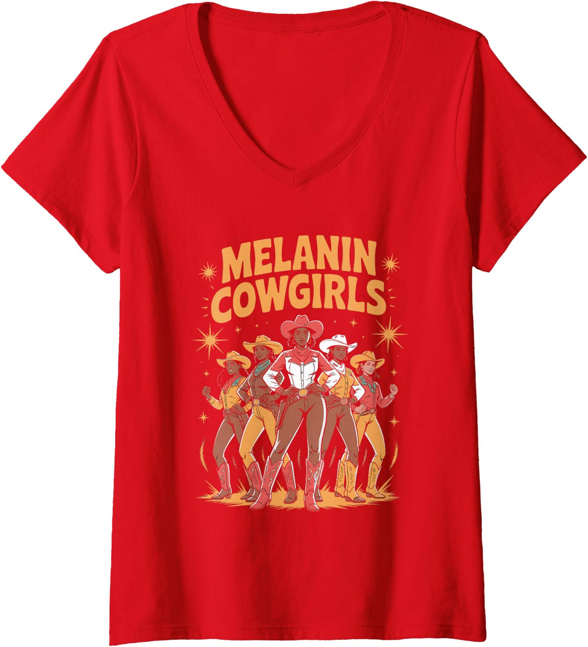 Women's Melanin Cowgirl Swag Retro Western Vibes V-Neck T-Shirt - Red
