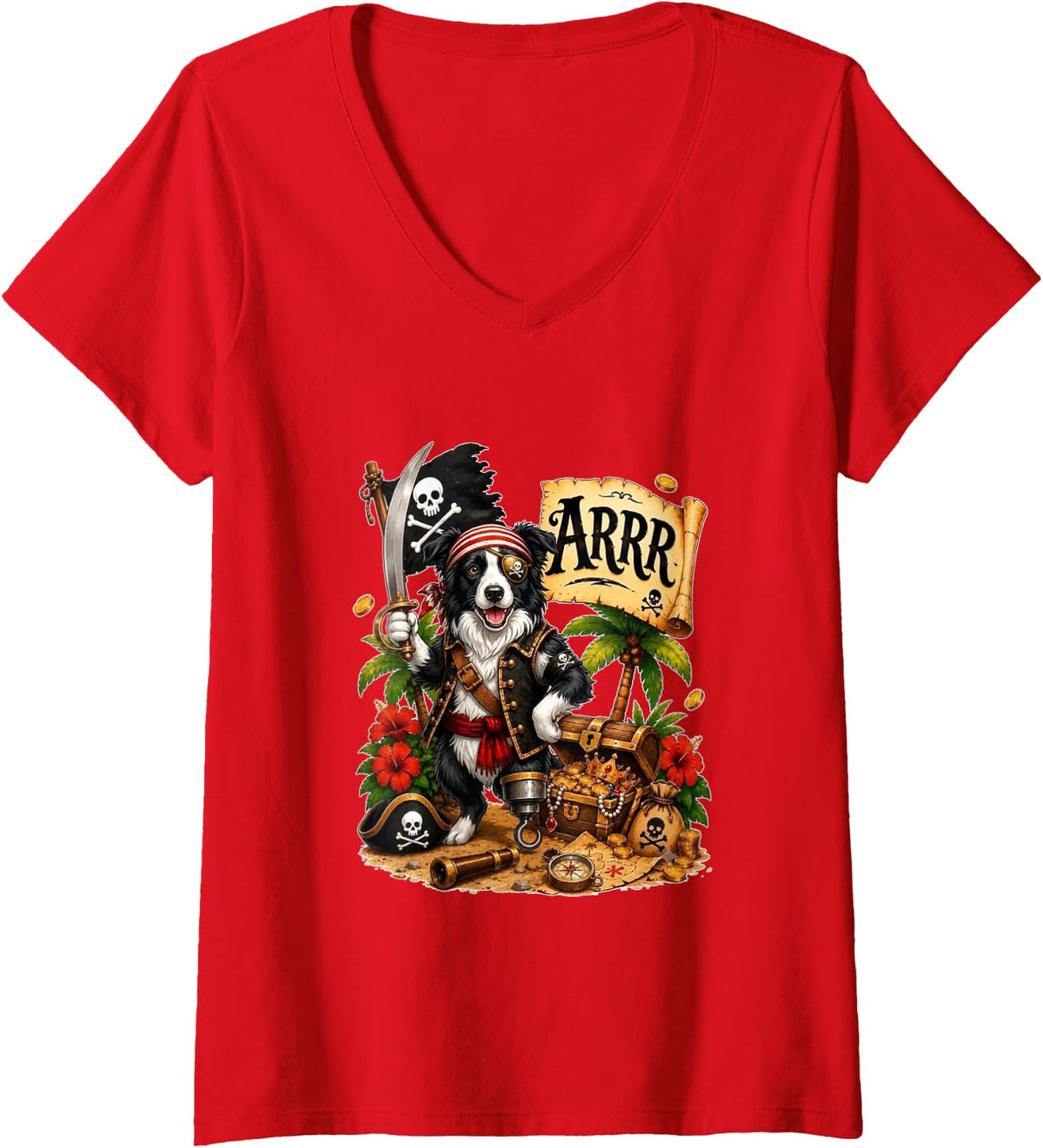 Women's Border Collie As Pirate Halloween Hawaiian Costume Owner V-Neck T-Shirt - Red