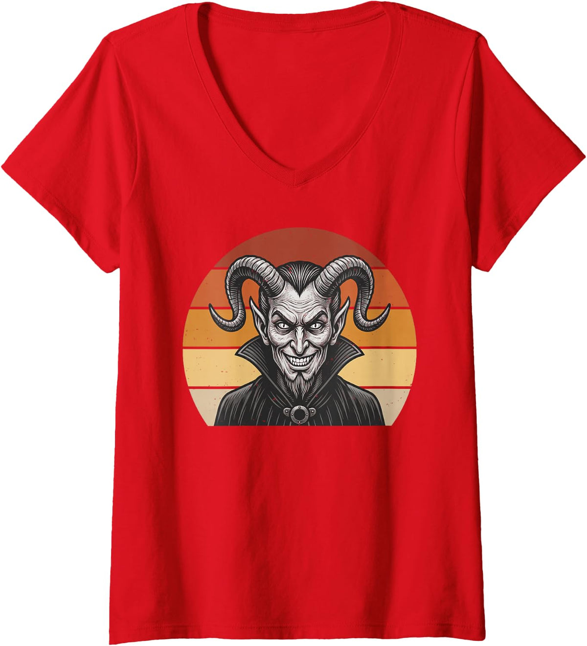 Women's Cool Halloween Demon Horned Devil Goth Retro Sunset Graphic V-Neck T-Shirt - Red
