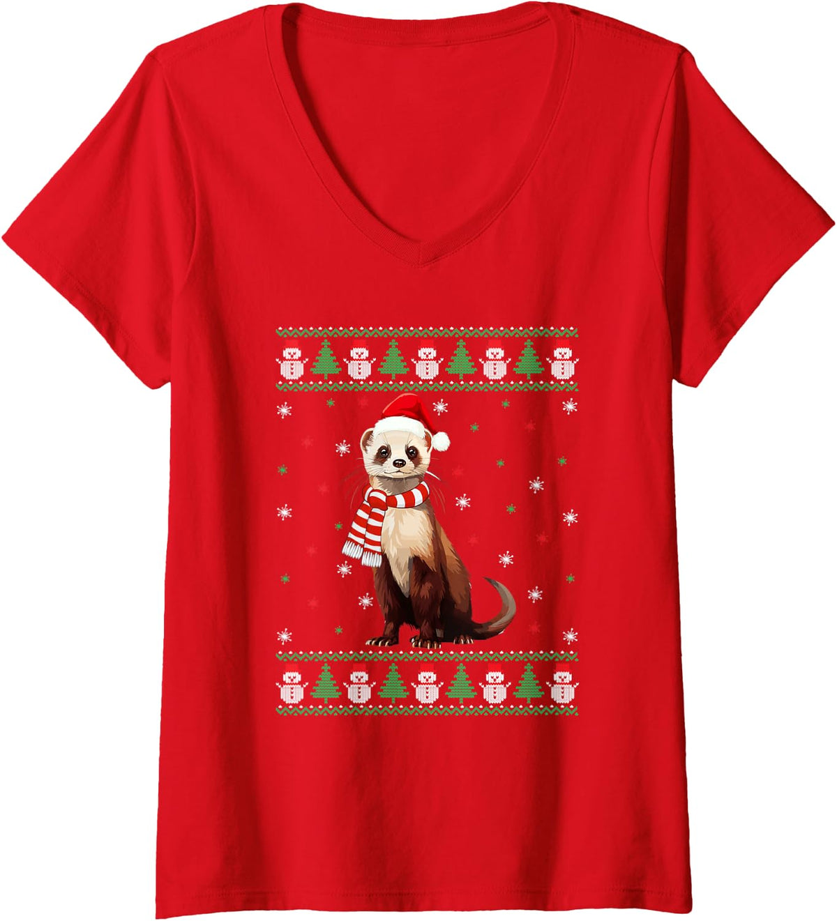 Women's Ferret Animal Matching Family Ugly Christmas Sweater V-Neck T-Shirt - Red
