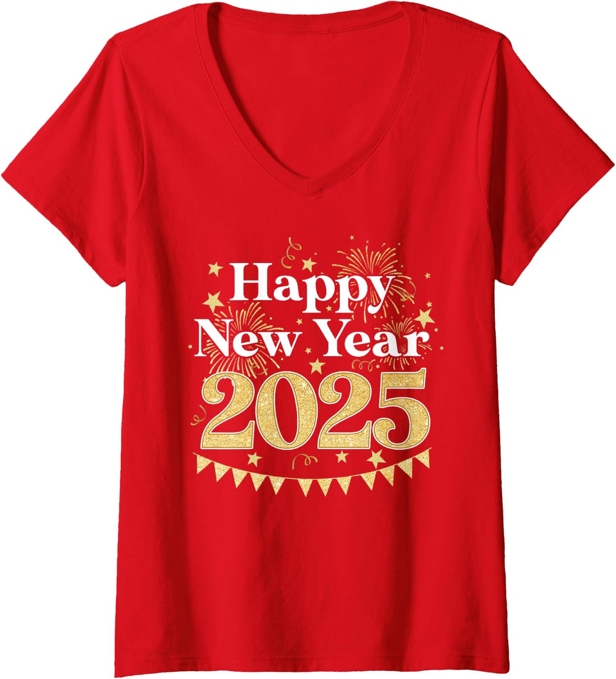 Women's Happy New Year Party Loading 2025 Family Matching Fireworks V-Neck T-Shirt - Red