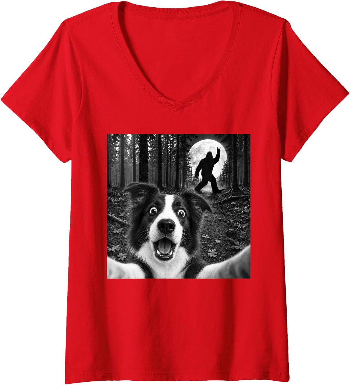 Women's Border Collie Selfie Bigfoot Rock and Roll Dog Sasquatch V-Neck T-Shirt - Red