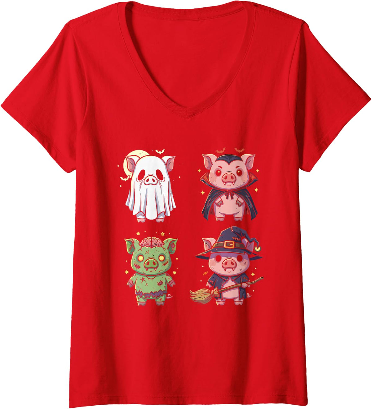 Women's Pig Spooky Witch Boo Zombie Cute Pig Halloween V-Neck T-Shirt - Red