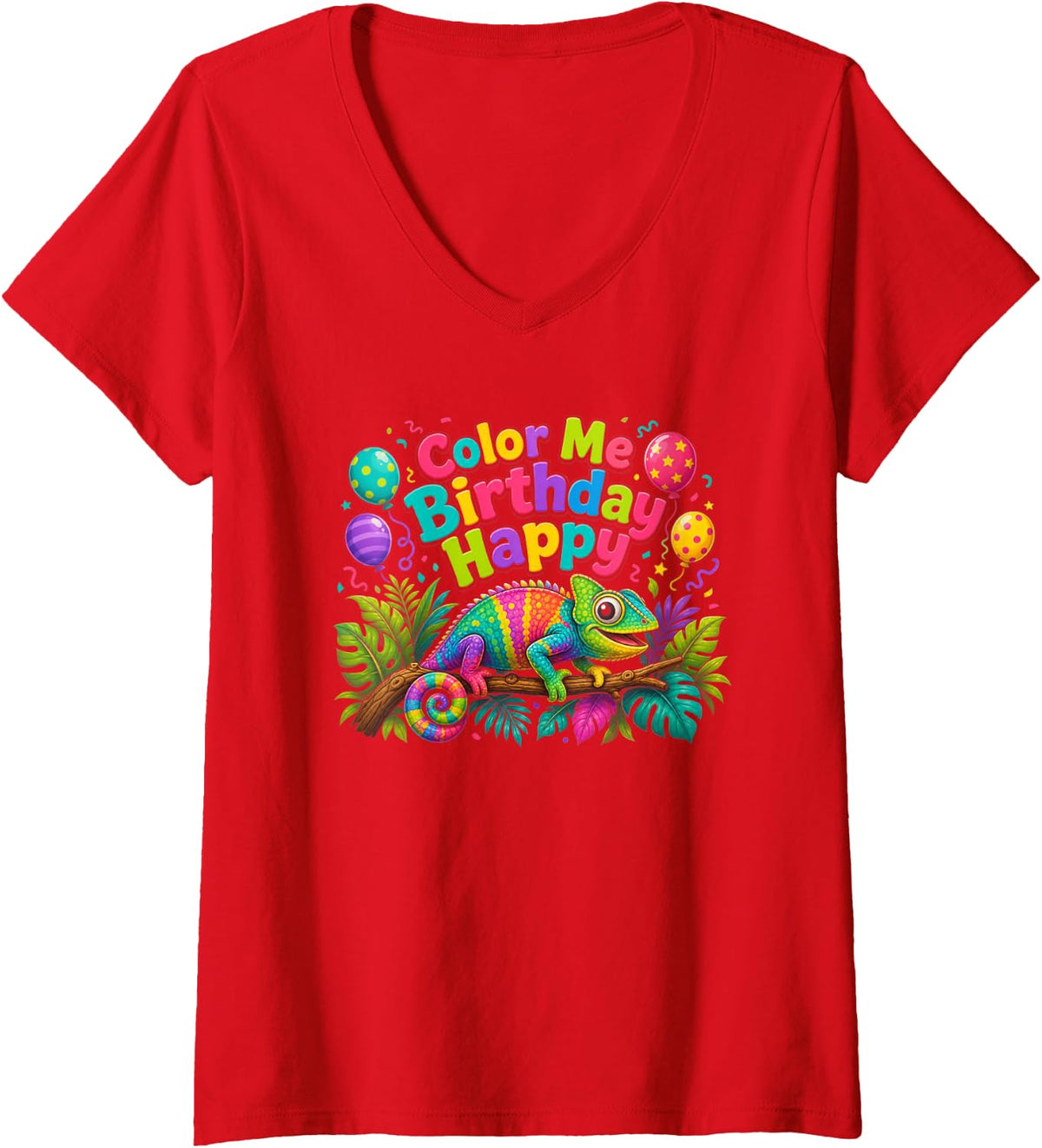 Women's Reptile Birthday Color Me Happy Chameleon V-Neck T-Shirt - Red