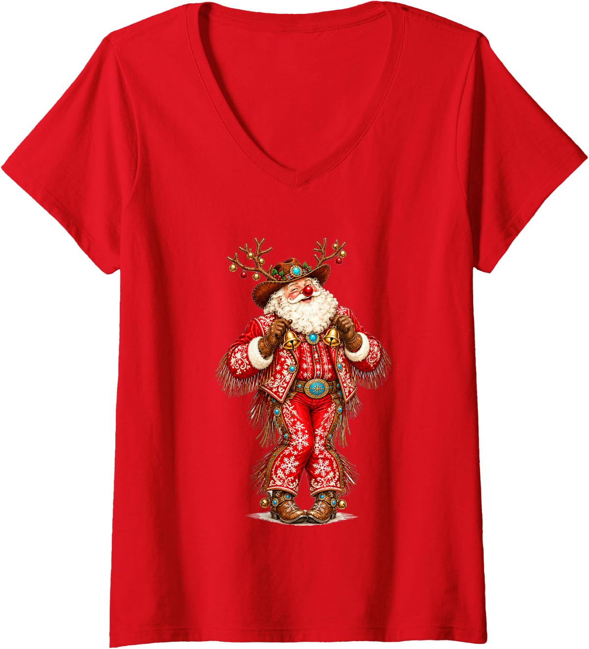 Women's Funny Western Christmas Cowboy Santa with Jingle Bells Xmas V-Neck T-Shirt - Red