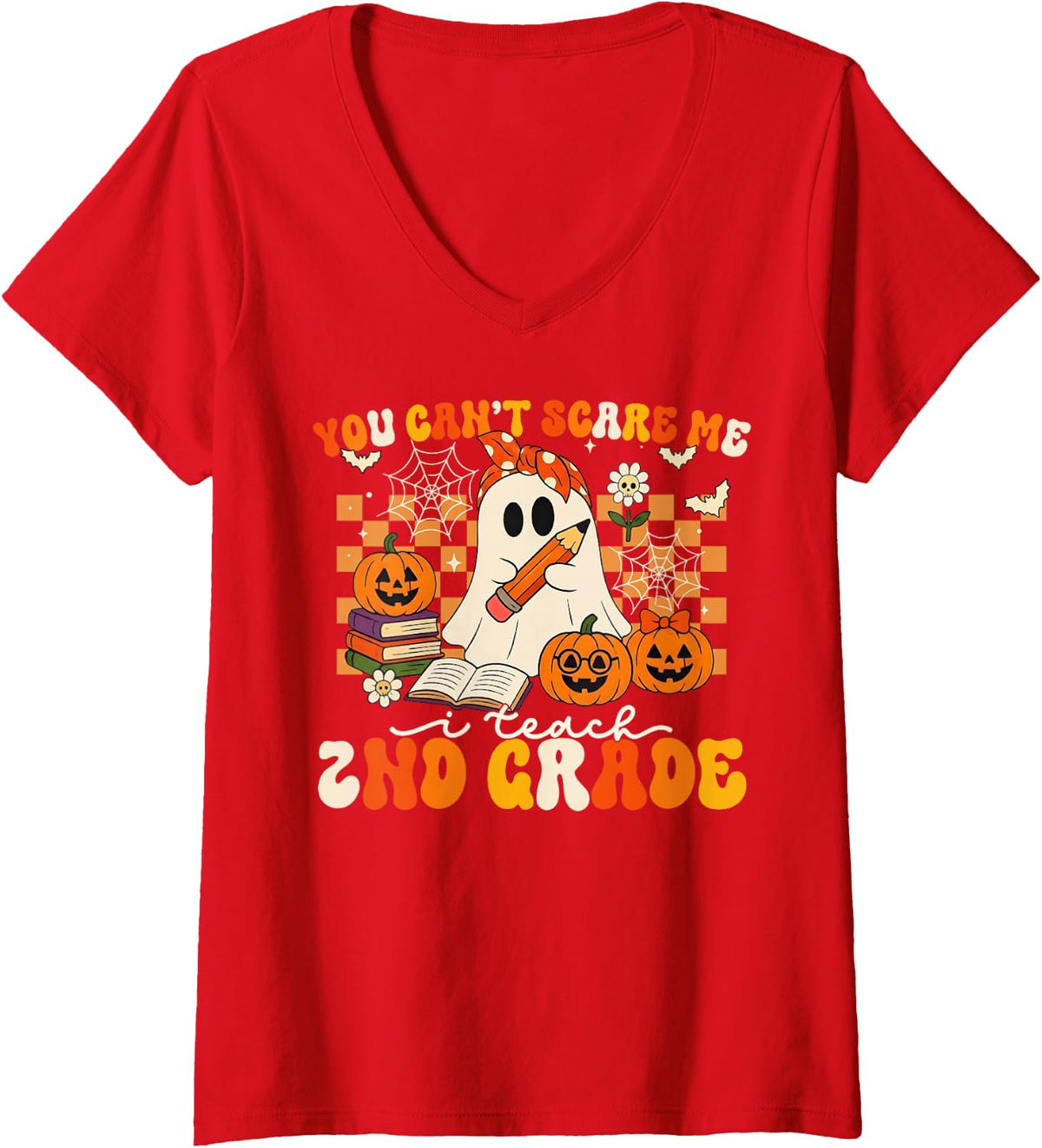 Women's You Can't Scare Me I Teach 2nd Grade Halloween Ghost Teacher V-Neck T-Shirt - Red