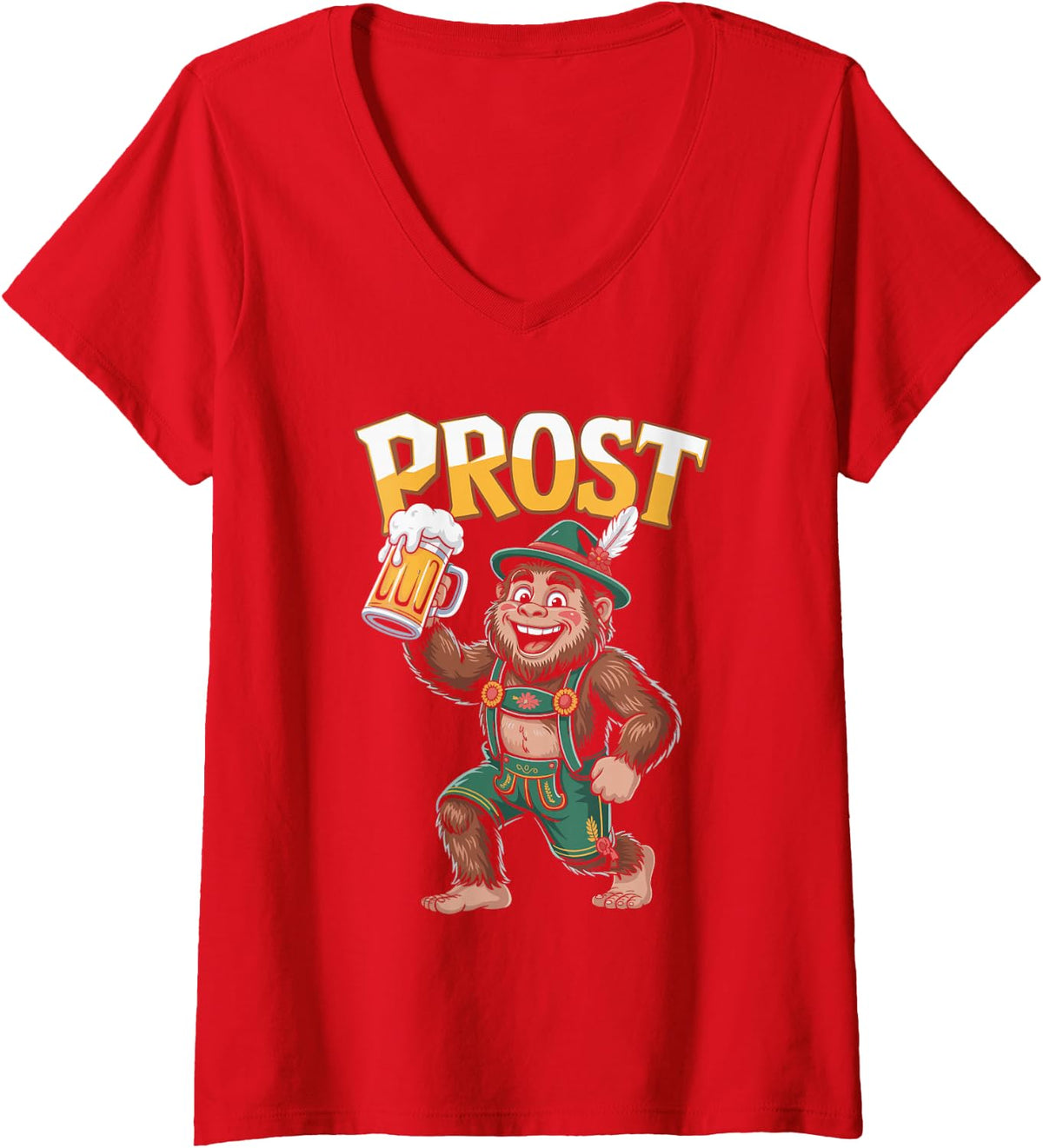 Women's Prost Bigfoot Oktoberfest Beer and Pretzel V-Neck T-Shirt - Red