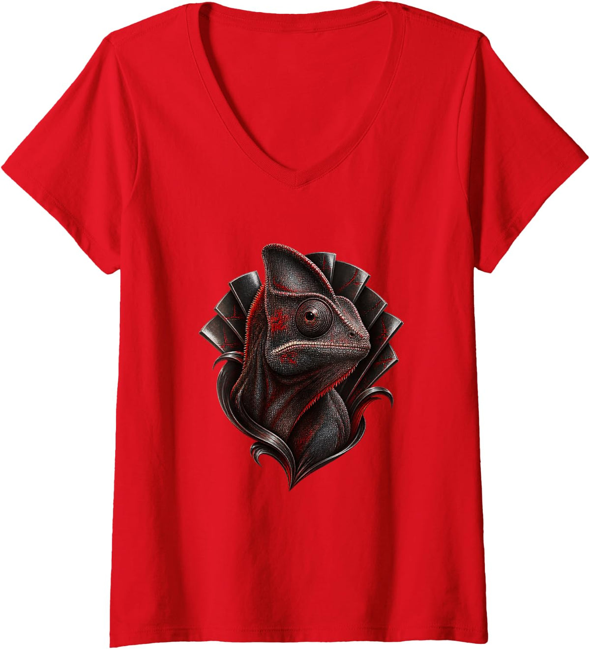 Women's Dark Chameleon with Crimson Fan Reptile Animal Art V-Neck T-Shirt - Red
