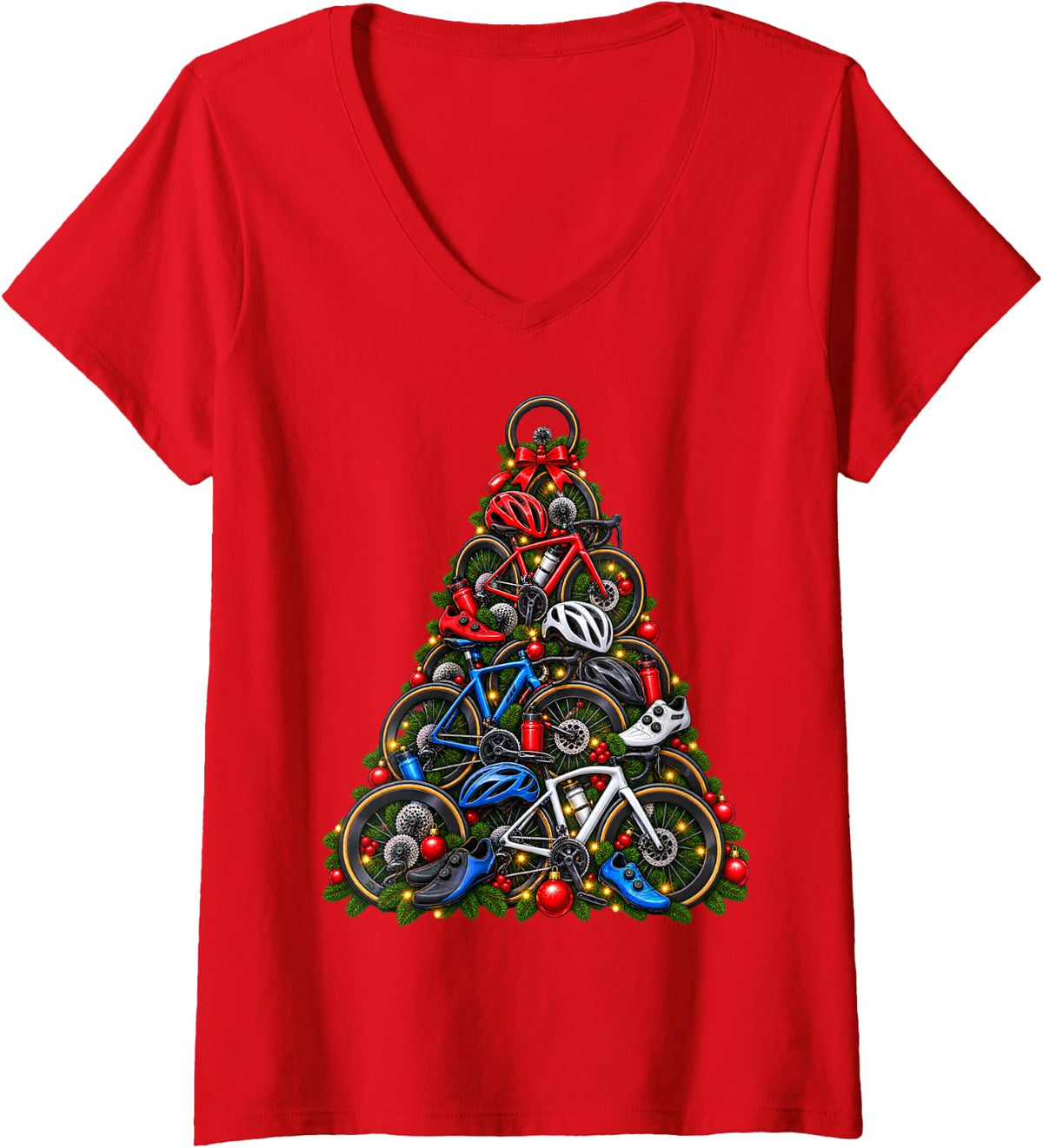 Women's Cycling Christmas Tree V-Neck T-Shirt - Red