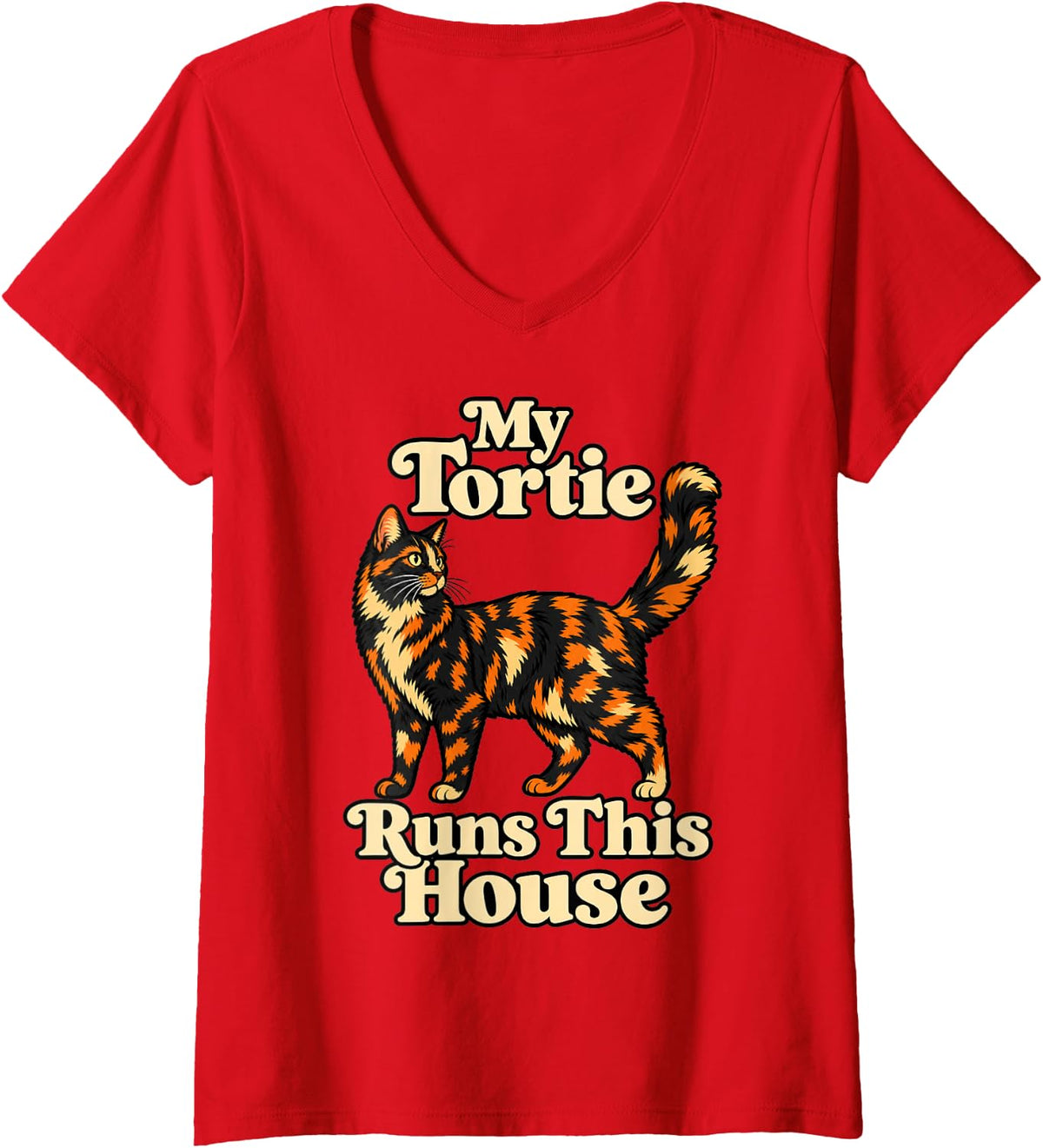 Women's Tortoiseshell Cat My Tortie Runs This House Cat Lover V-Neck T-Shirt - Red