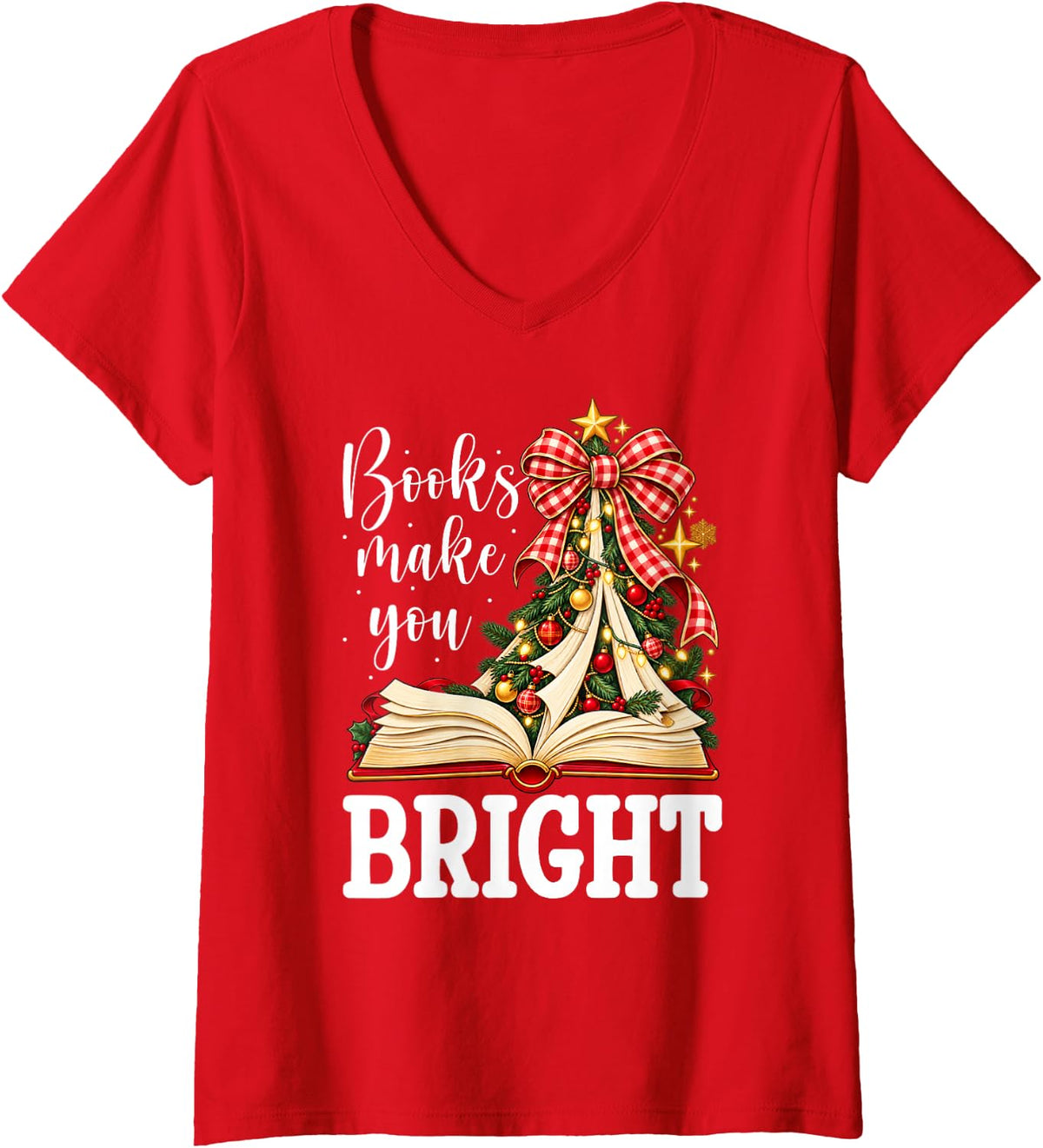 Women's School Librarian Christmas Tree School Library Worker Xmas V-Neck T-Shirt - Red
