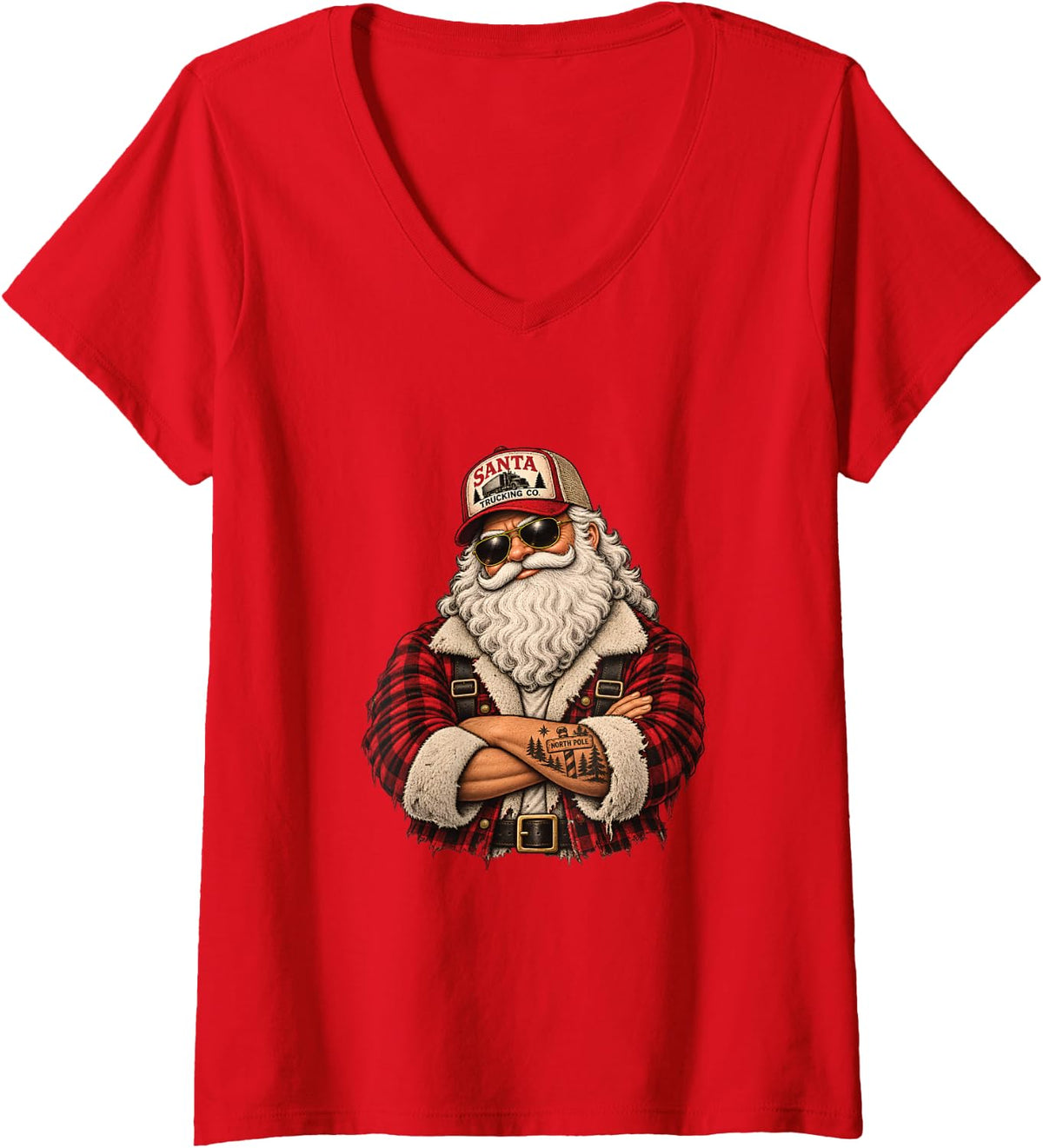 Women's Trucker Santa Funny Christmas Graphic V-Neck T-Shirt - Red
