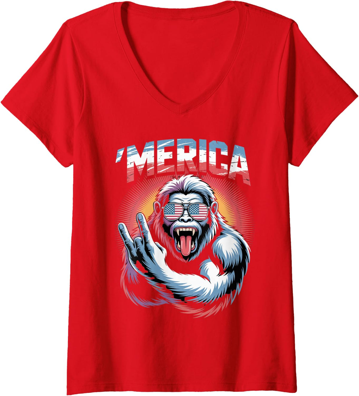Women's Rock Bigfoot Merica American Flag Patriotic 4th of July V-Neck T-Shirt - Red