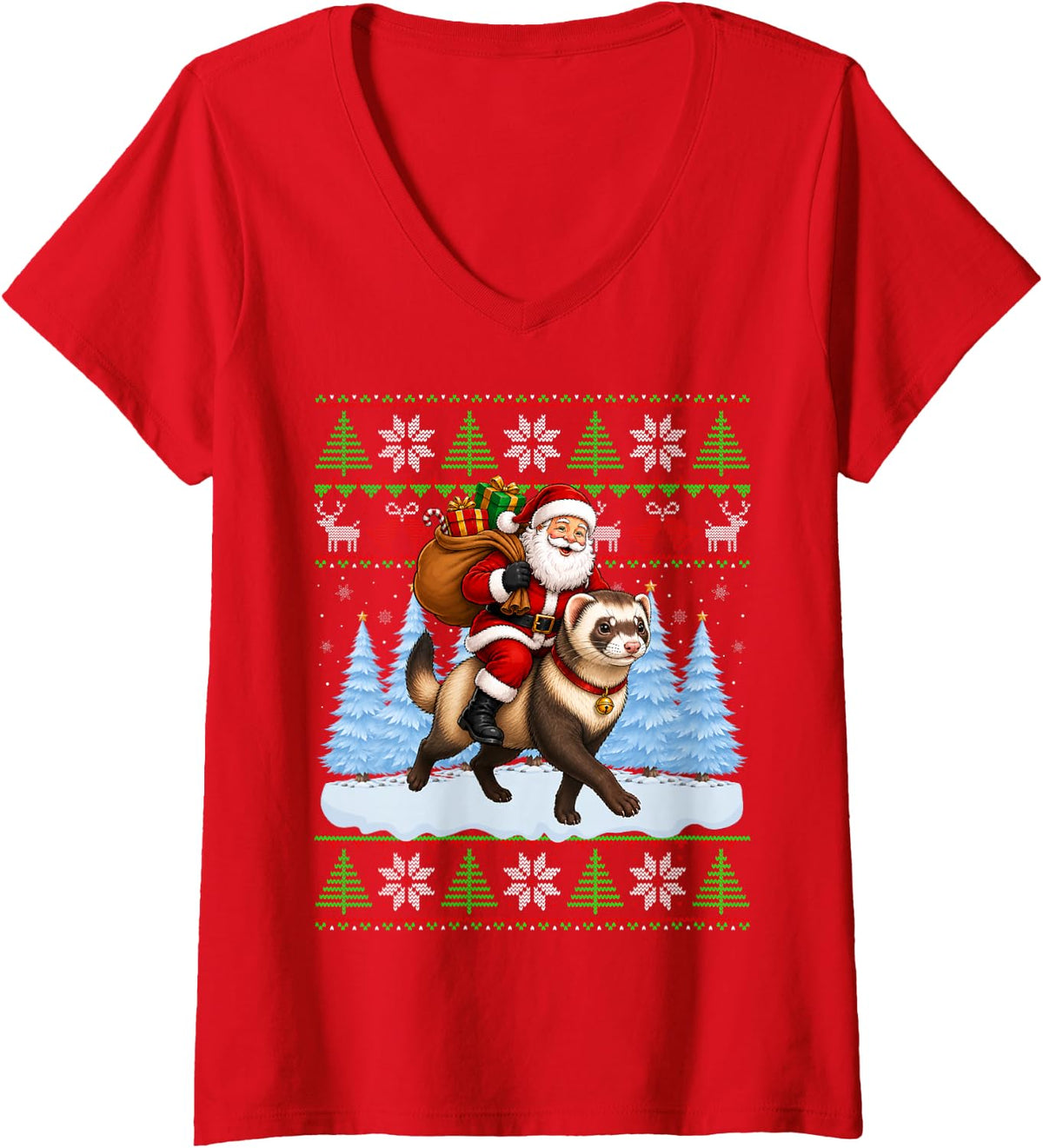 Women's Ugly Xmas Sweaters Funny Santa Riding Ferret Christmas V-Neck T-Shirt - Red