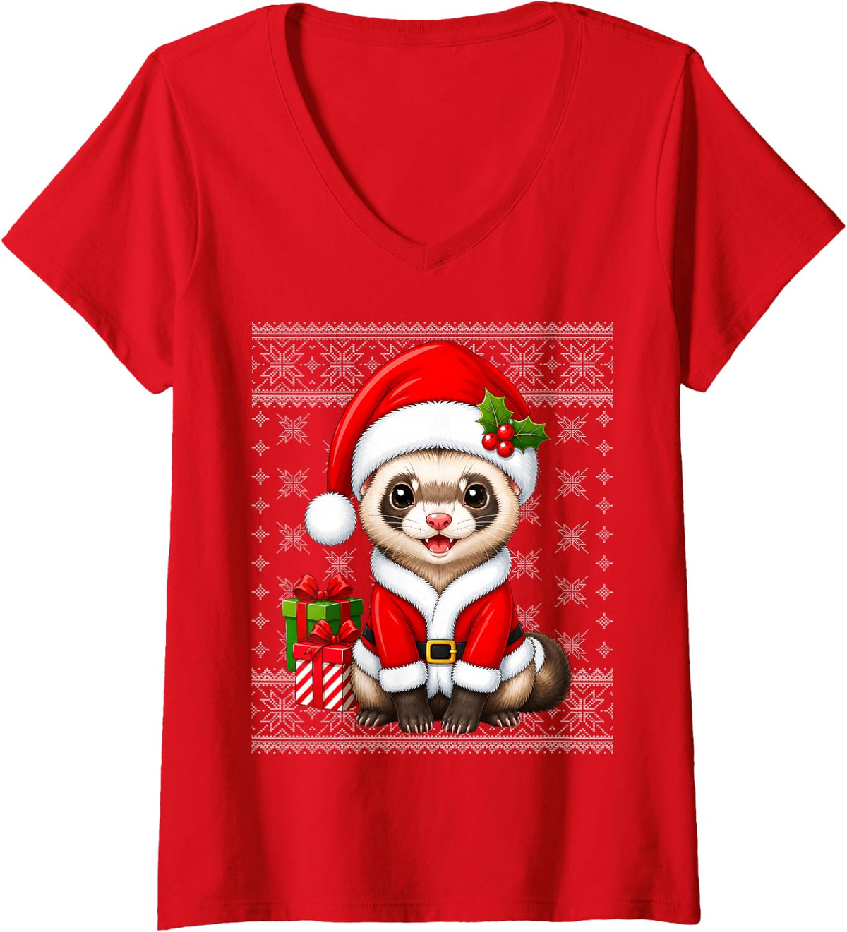 Women's Ferret in Christmas Santa Costume Ugly Sweaters Xmas V-Neck T-Shirt - Red
