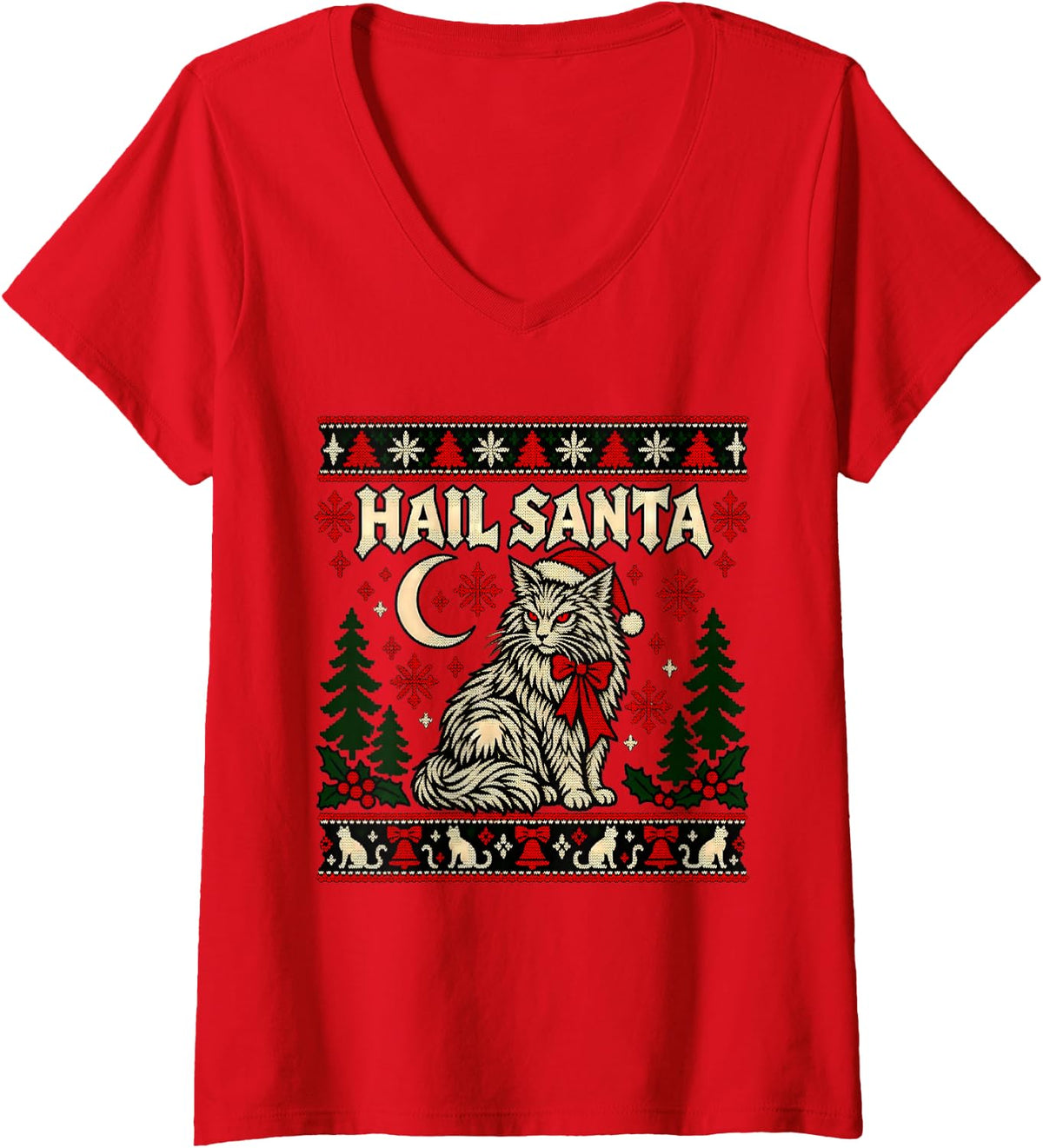 Women's Hail Santa Yule Cat Pagan Solstice Gothic Ugly Christmas V-Neck T-Shirt - Red