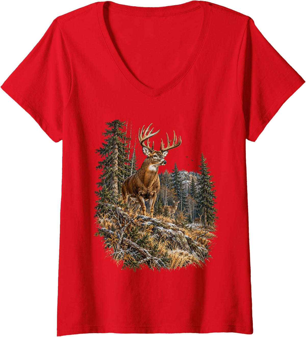 Women's Whitetail Buck Deer Hunting Lover Mountain Wilderness V-Neck T-Shirt - Red