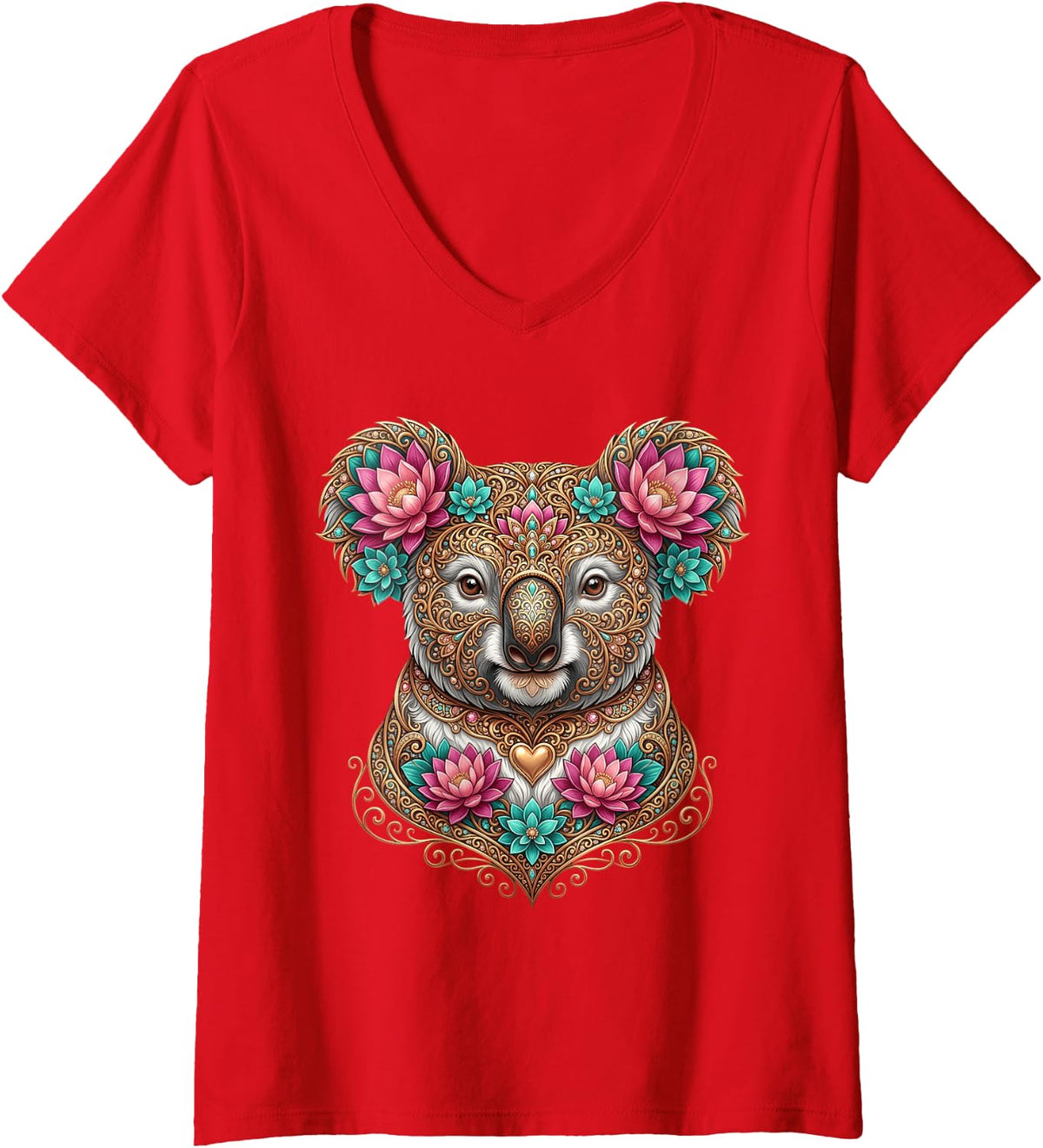 Women's Koala Lover Illustration Potrait Cute Koala Bear Animal V-Neck T-Shirt - Red