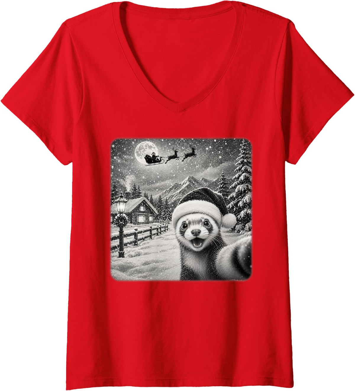 Women's Ferret Xmas Moon Night Starry Santa Sleigh Ferret Christmas V-Neck T-Shirt - Red