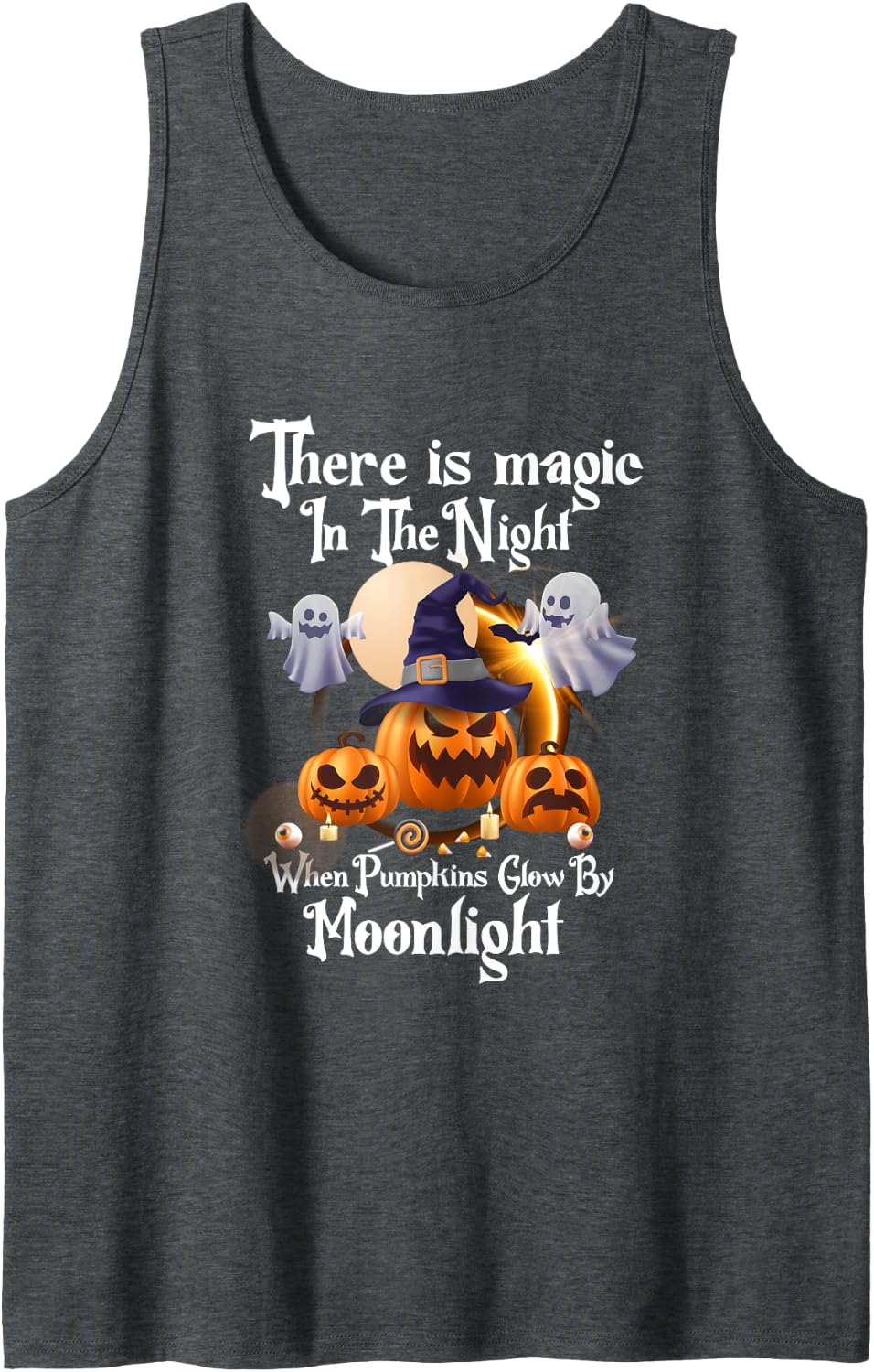 Magic In The Night Pumpkins Glow-Moonlight Halloween Ghost Tank Top - Dark Heather Grey