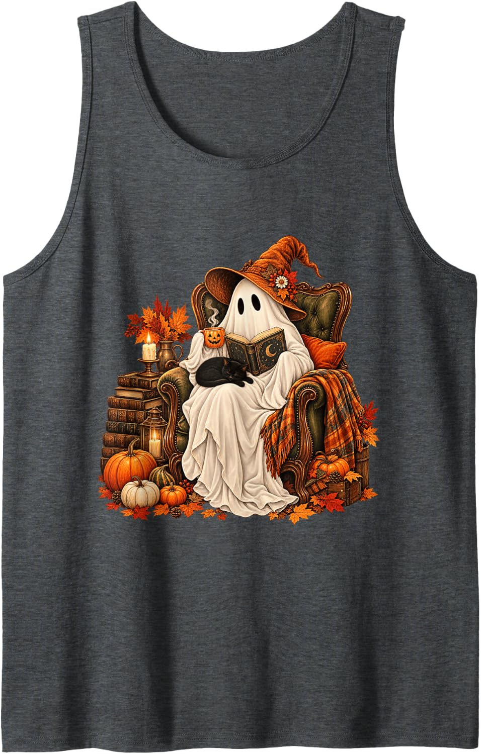 Cute Ghost Read Book Librarian Bookish Reader Fall Autumn Sleeveless Tank Top - Dark Heather Grey