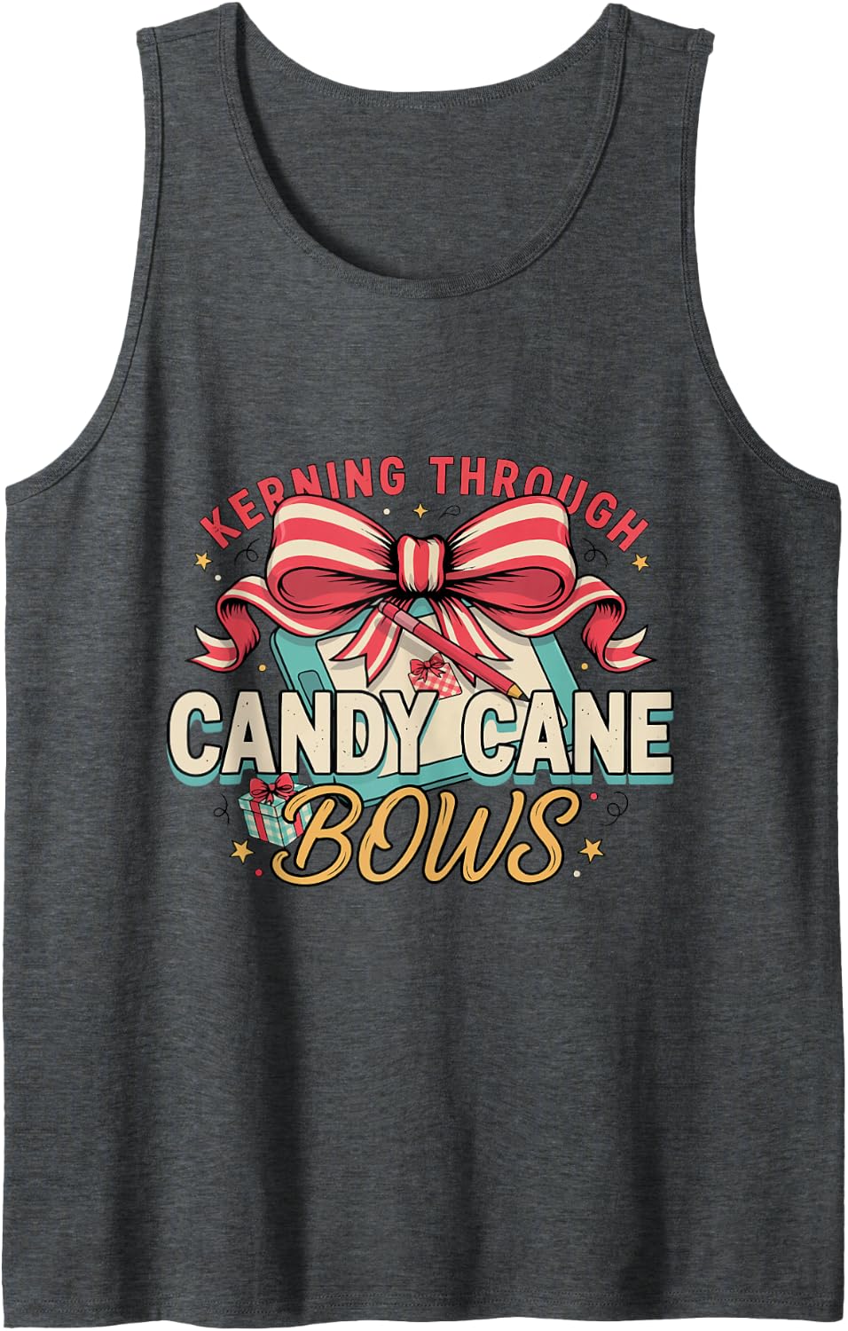 Christmas Graphic Designer - Kerning Through Candy Cane Bows Sleeveless Tank Top - Dark Heather Grey