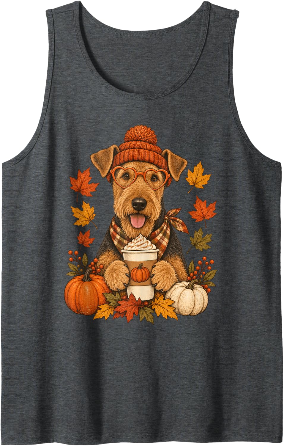 Airedale Terrier Fall Autumn Season Pumpkin Spice Dog Coffee Sleeveless Tank Top - Dark Heather Grey