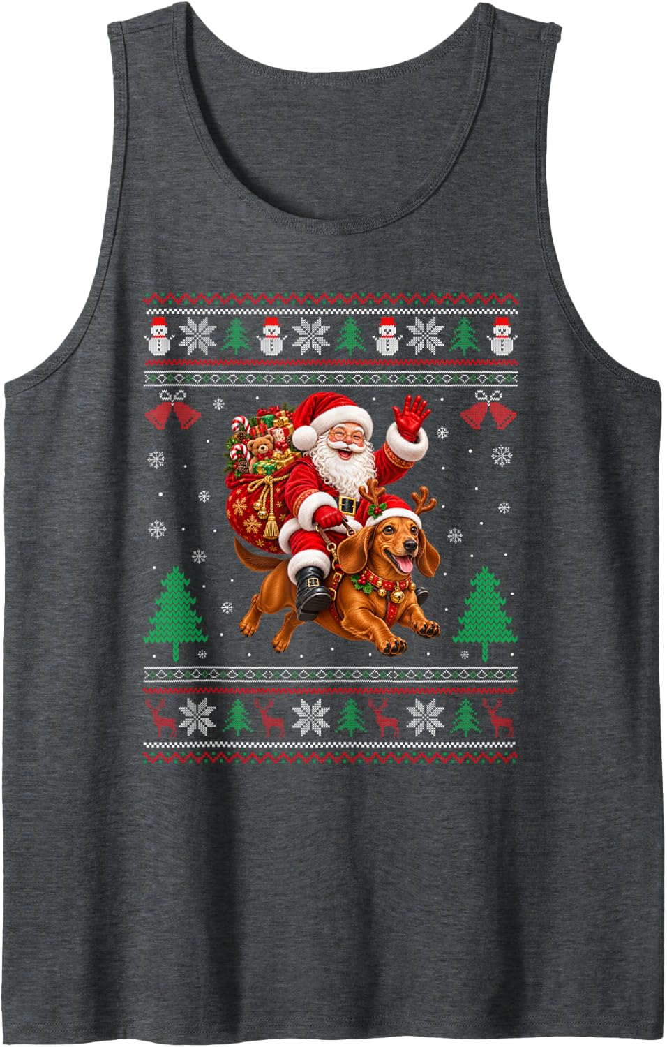 Dachshund Ugly Christmas Sweater Santa Riding Dog Xmas Sleeveless Tank Top - Dark Heather Grey